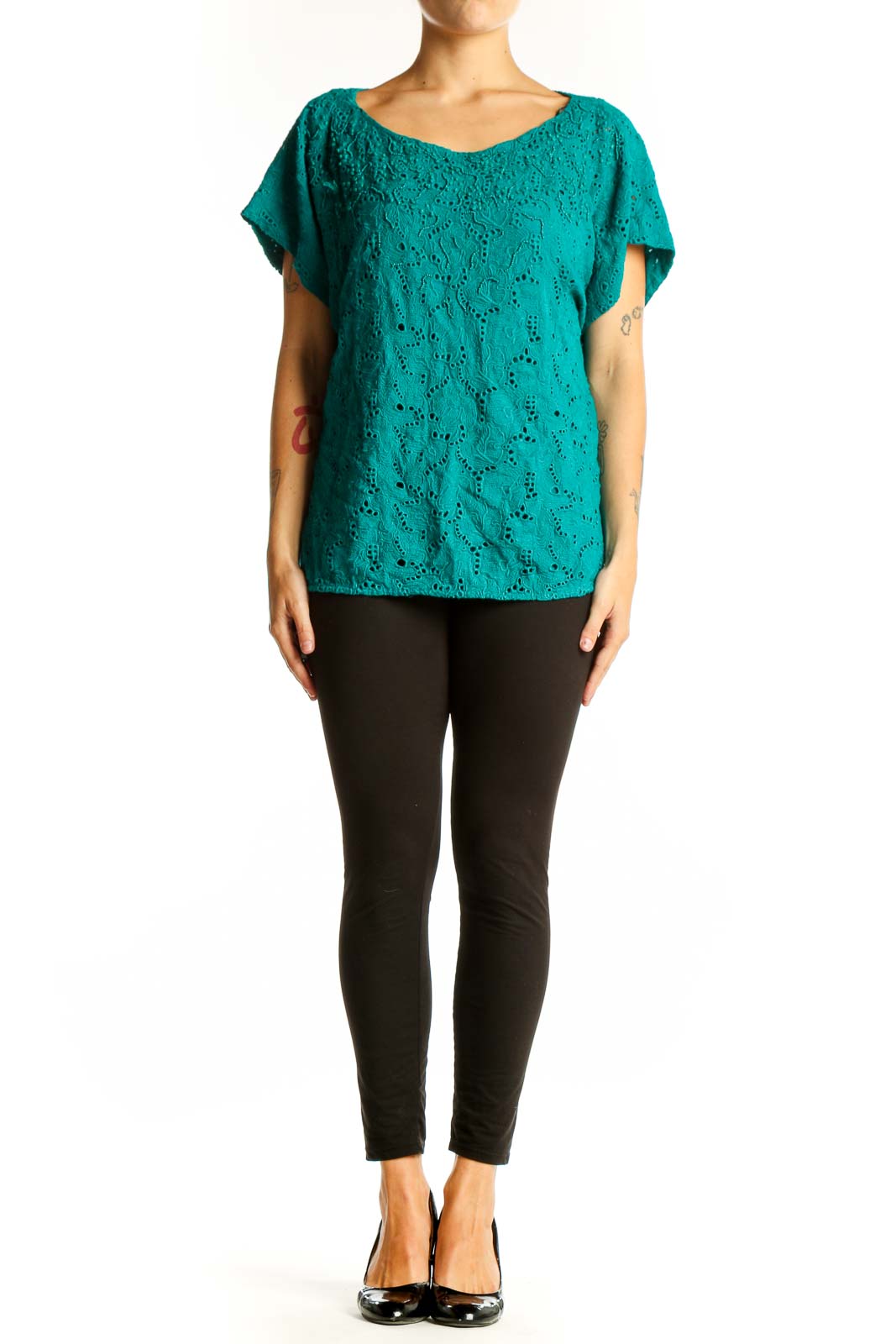 Front view of teal eyelet lace top with scoop neck and flutter sleeves