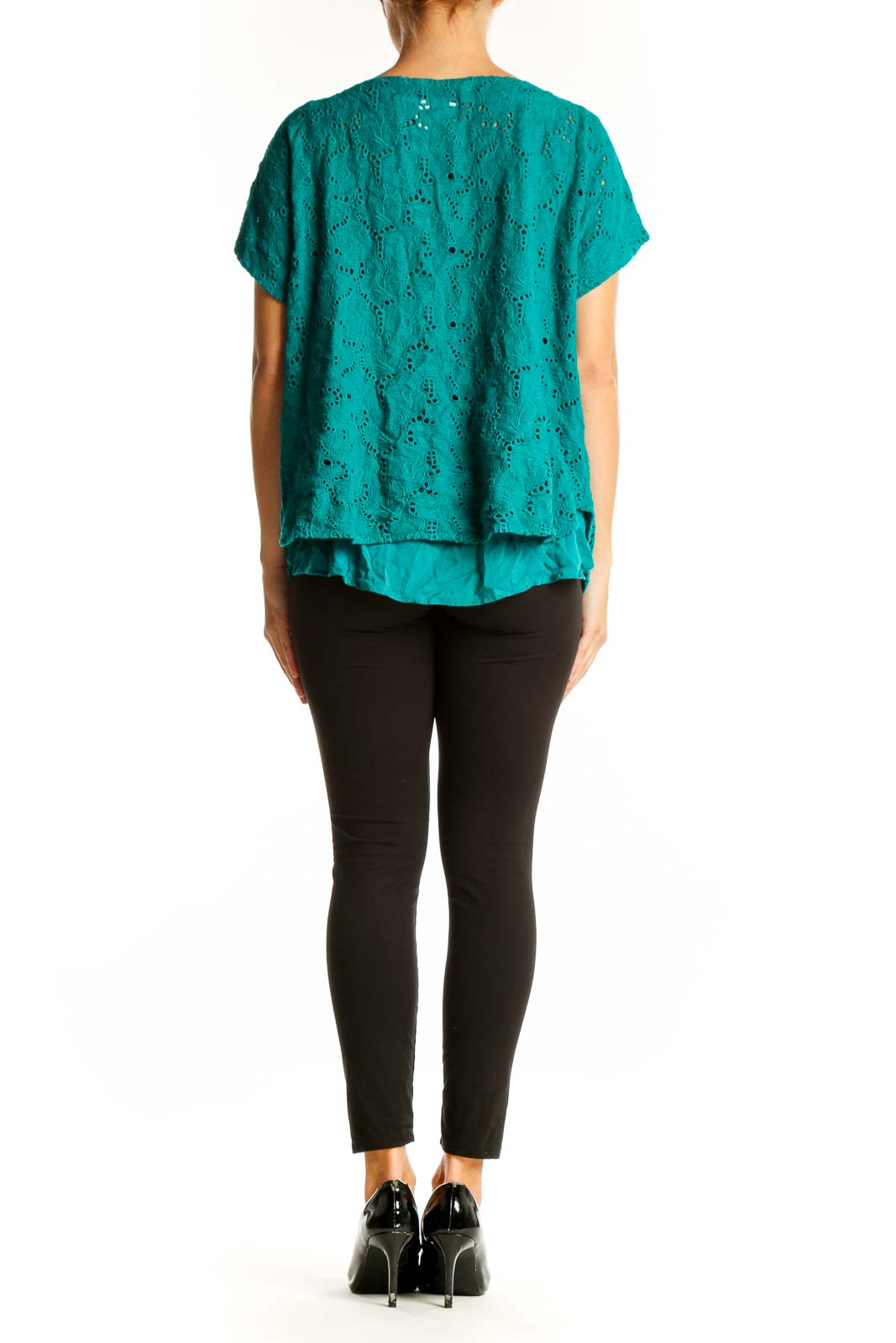 Side view of teal eyelet lace top showing flutter sleeve detail