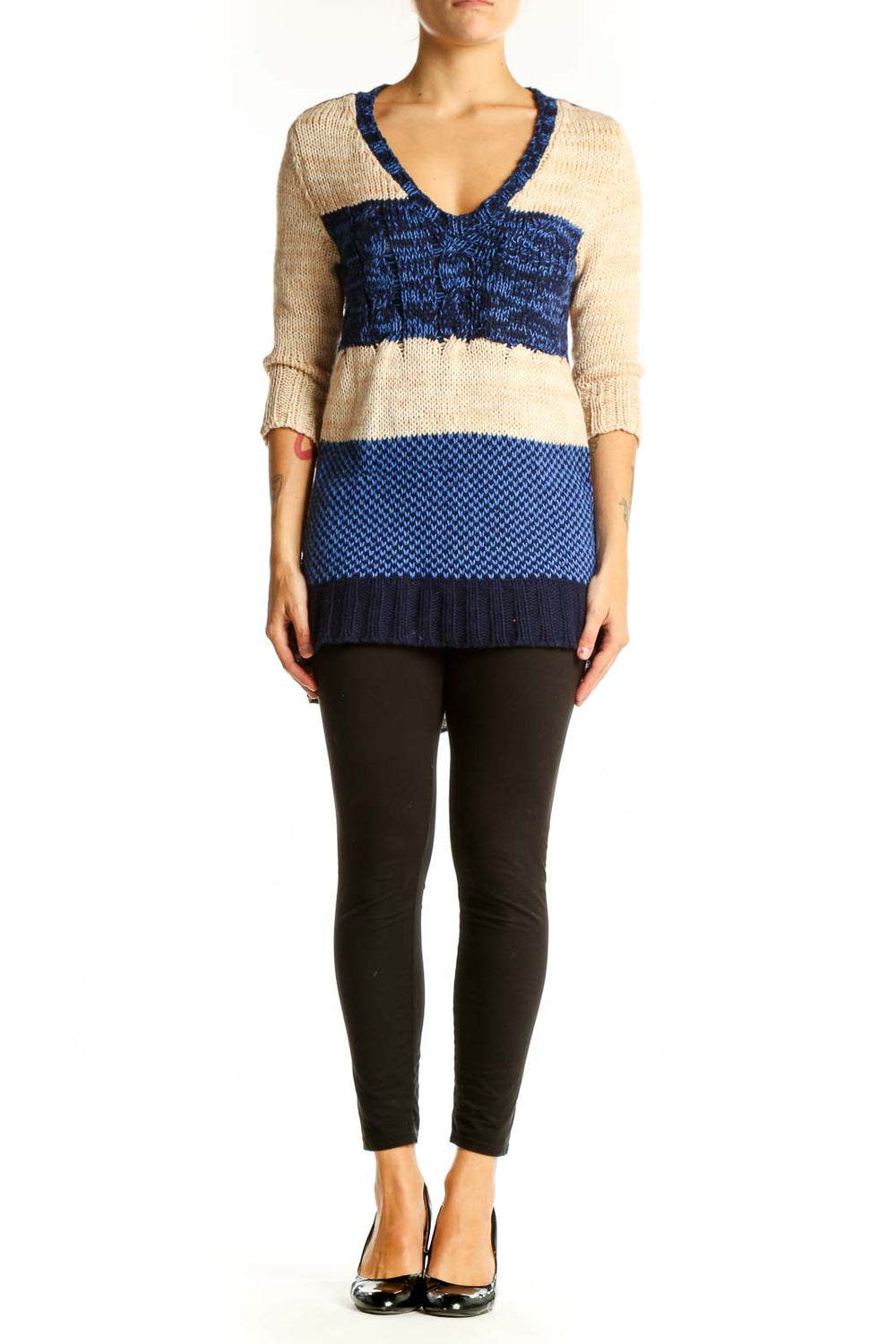 Front view of Nick & Mo blue and beige striped V-neck knit sweater with color-block design