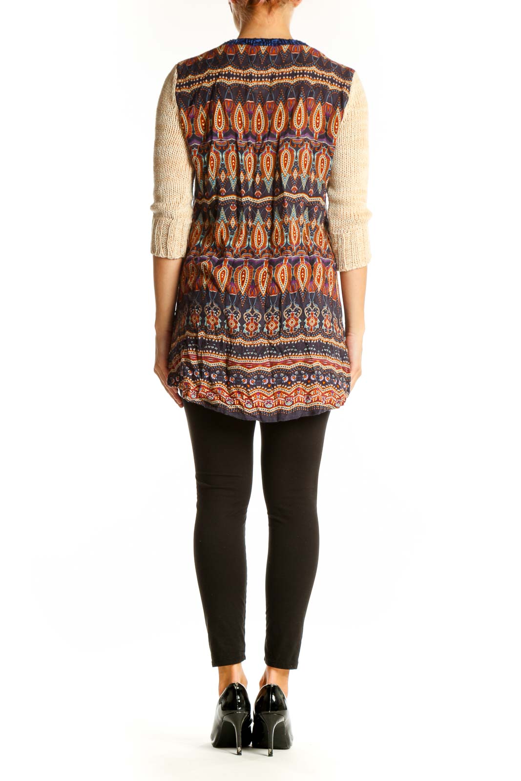 Side view of Nick & Mo blue and beige striped V-neck knit sweater showing 3/4 length sleeves