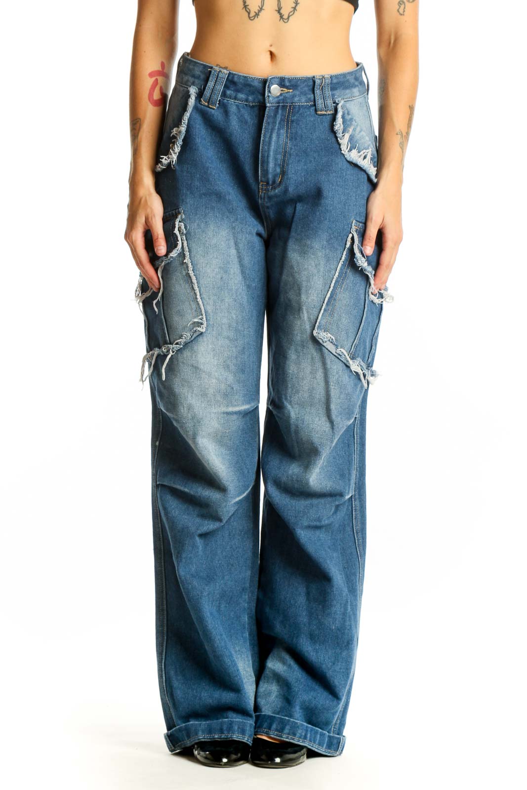 Front view of Love + Harmony blue distressed wide-leg cargo jeans with oversized pockets