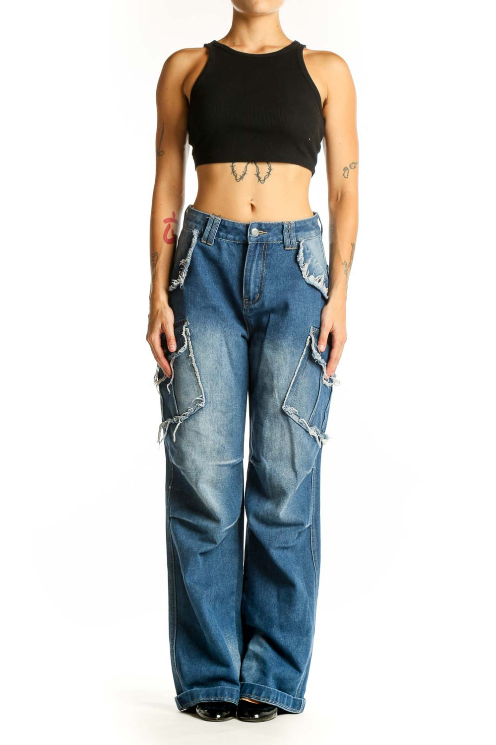 Front view of Love + Harmony blue distressed wide-leg cargo jeans with oversized pockets