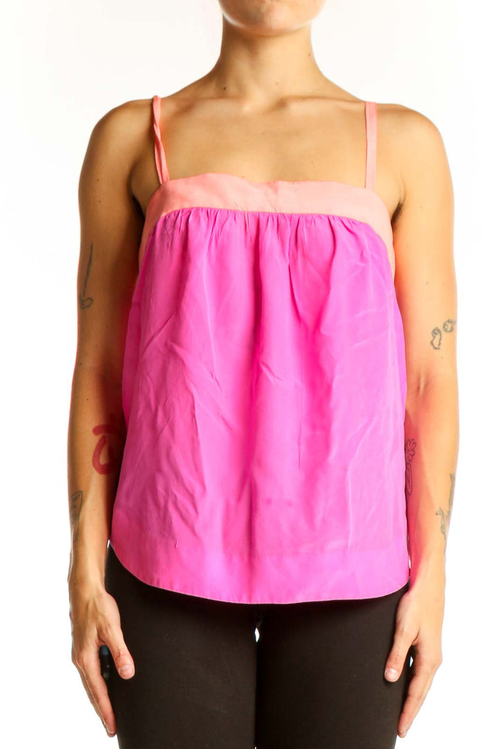 Front view of HD in Paris pink silk sleeveless blouse with two-tone design