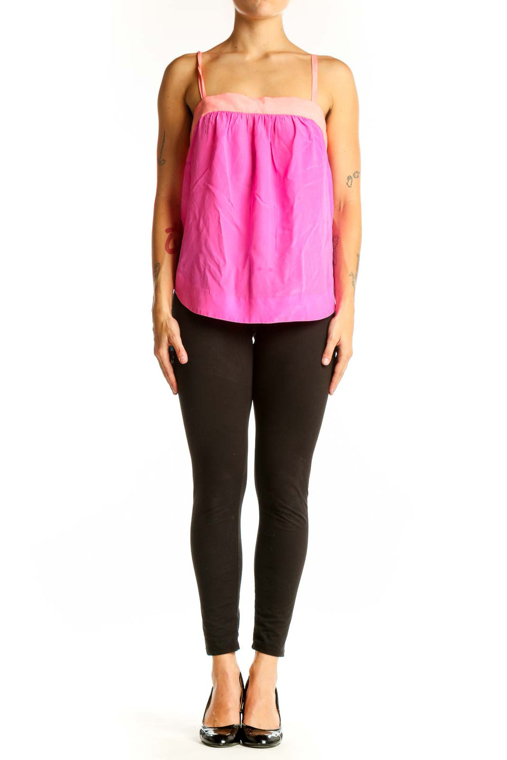 Front view of HD in Paris pink silk sleeveless blouse with two-tone design