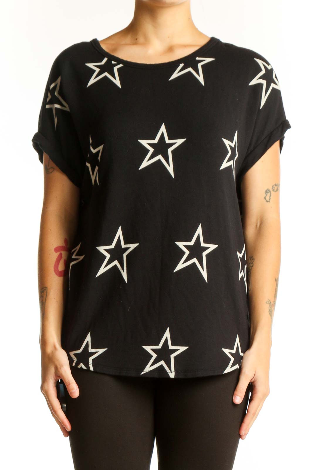 Front view of Buffalo by David Bitton Black Star Print Short Sleeve Top