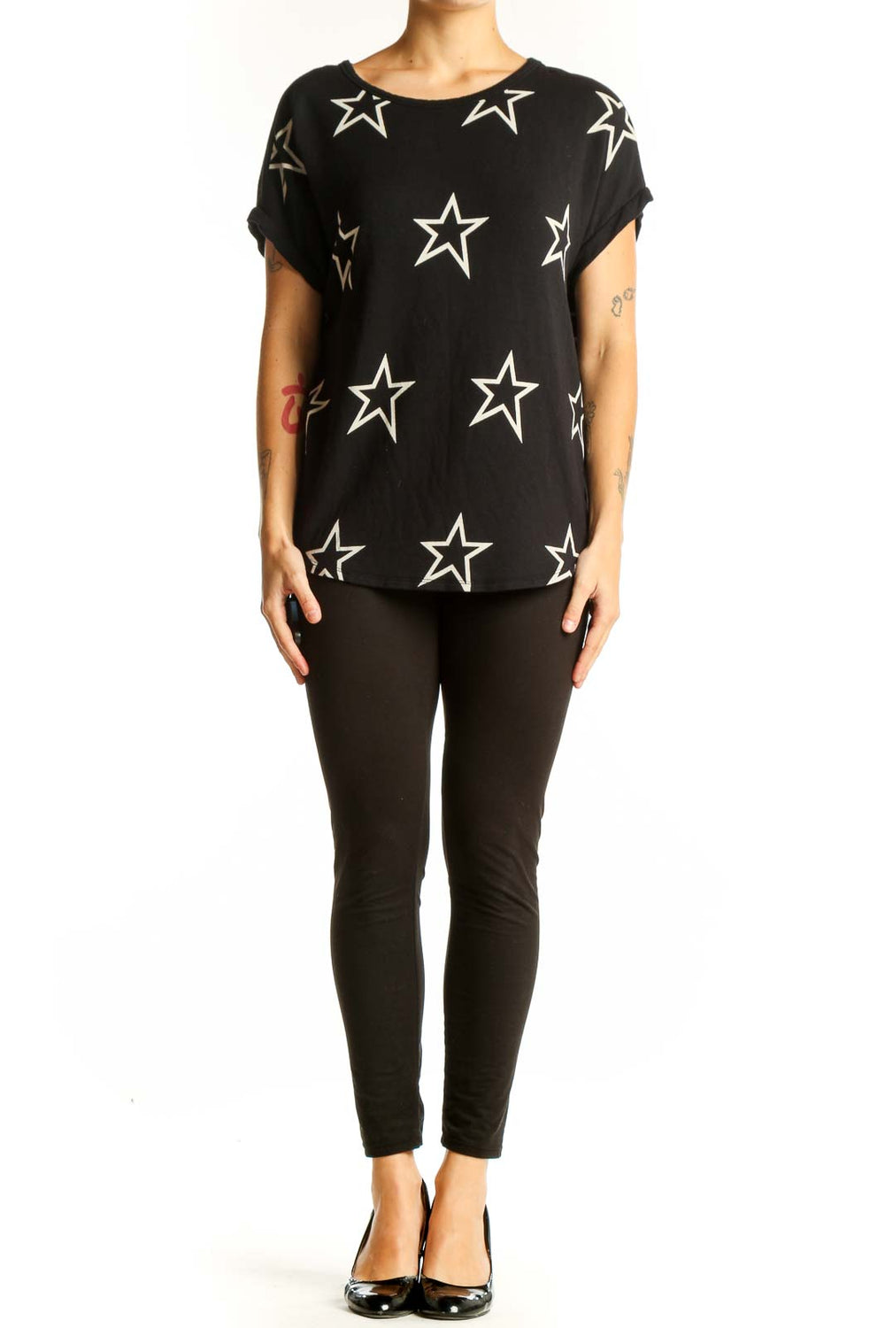 Front view of Buffalo by David Bitton Black Star Print Short Sleeve Top