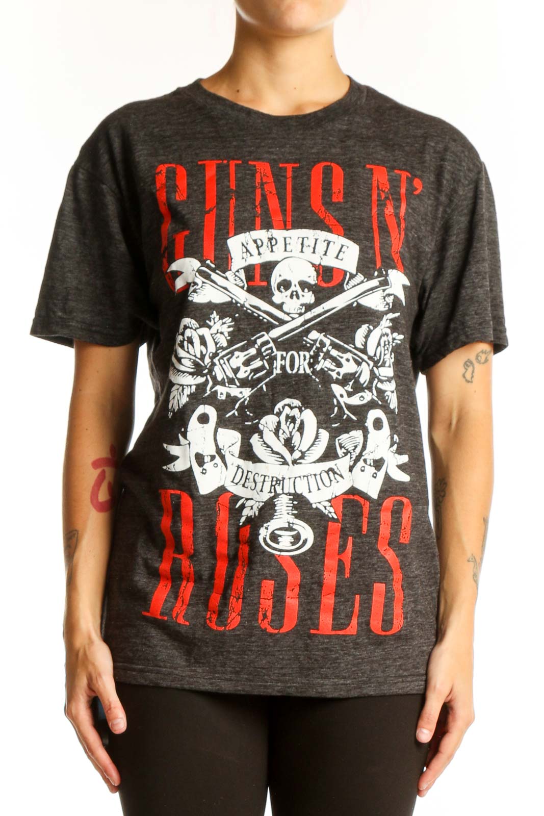 Front view of gray Guns N' Roses graphic t-shirt with skull and pistols design