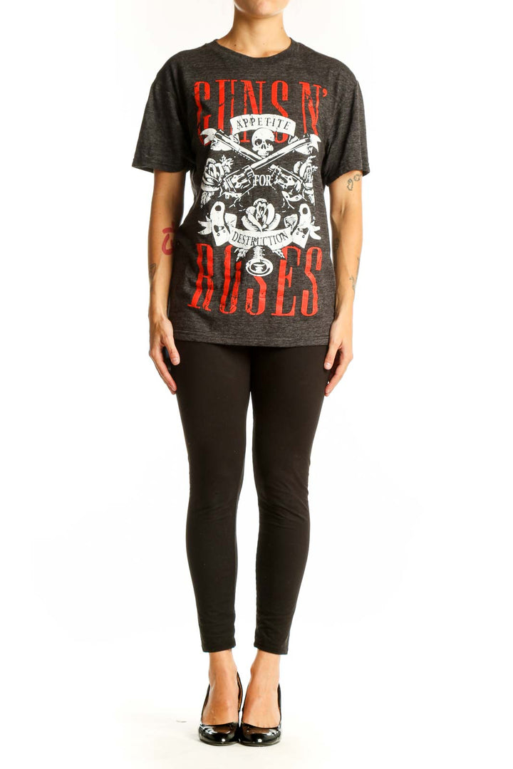 Front view of gray Guns N' Roses graphic t-shirt with skull and pistols design