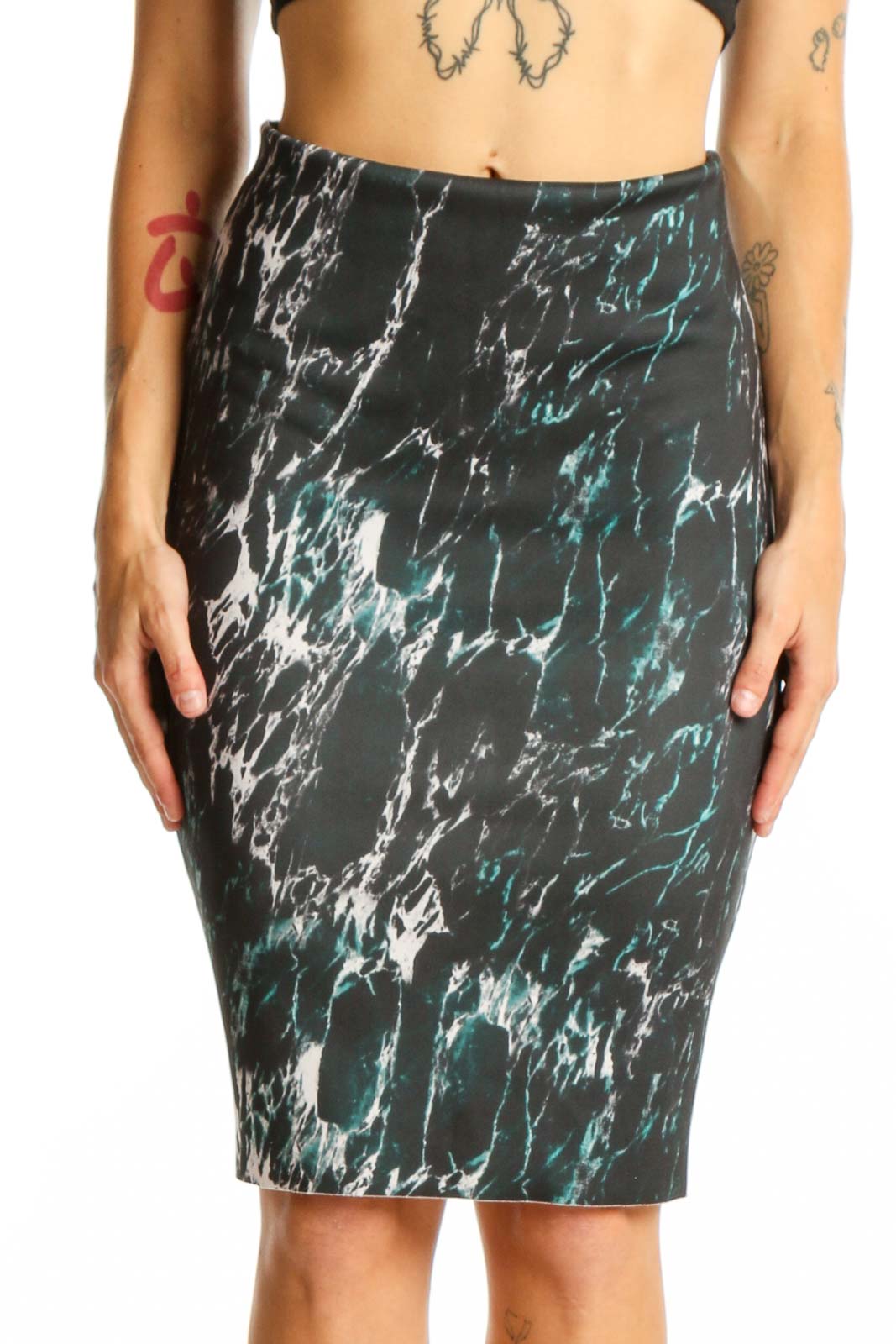 Front view of Zara black marble print pencil skirt