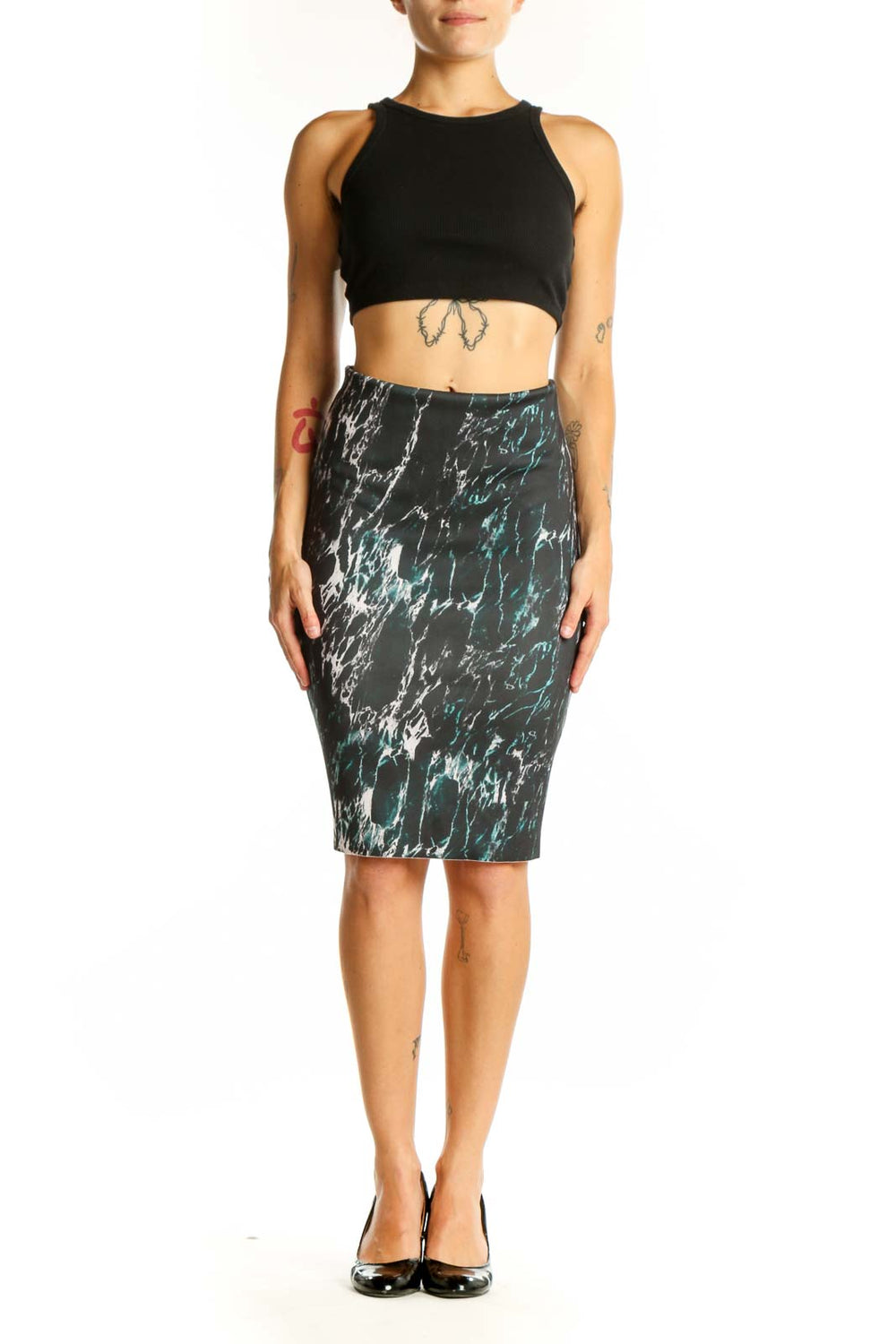 Front view of Zara black marble print pencil skirt