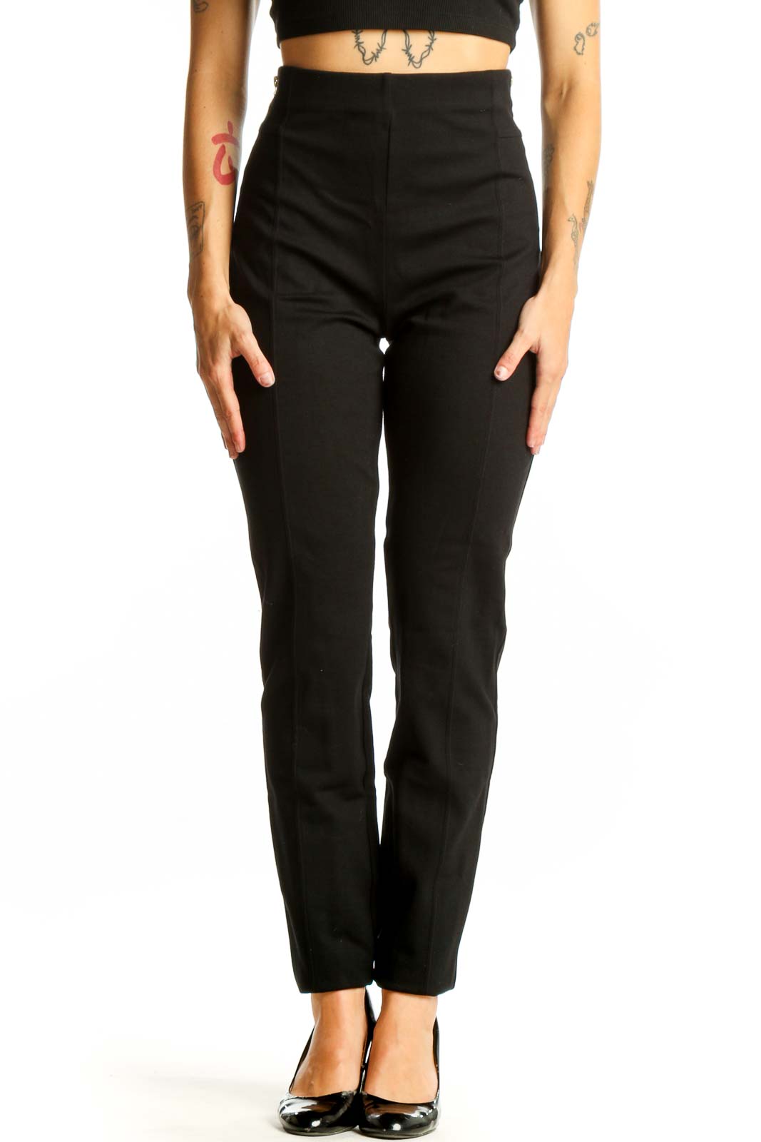 Front view of I.N.C black high-waisted slim fit pants