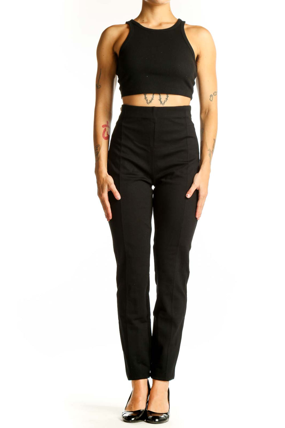 Front view of I.N.C black high-waisted slim fit pants