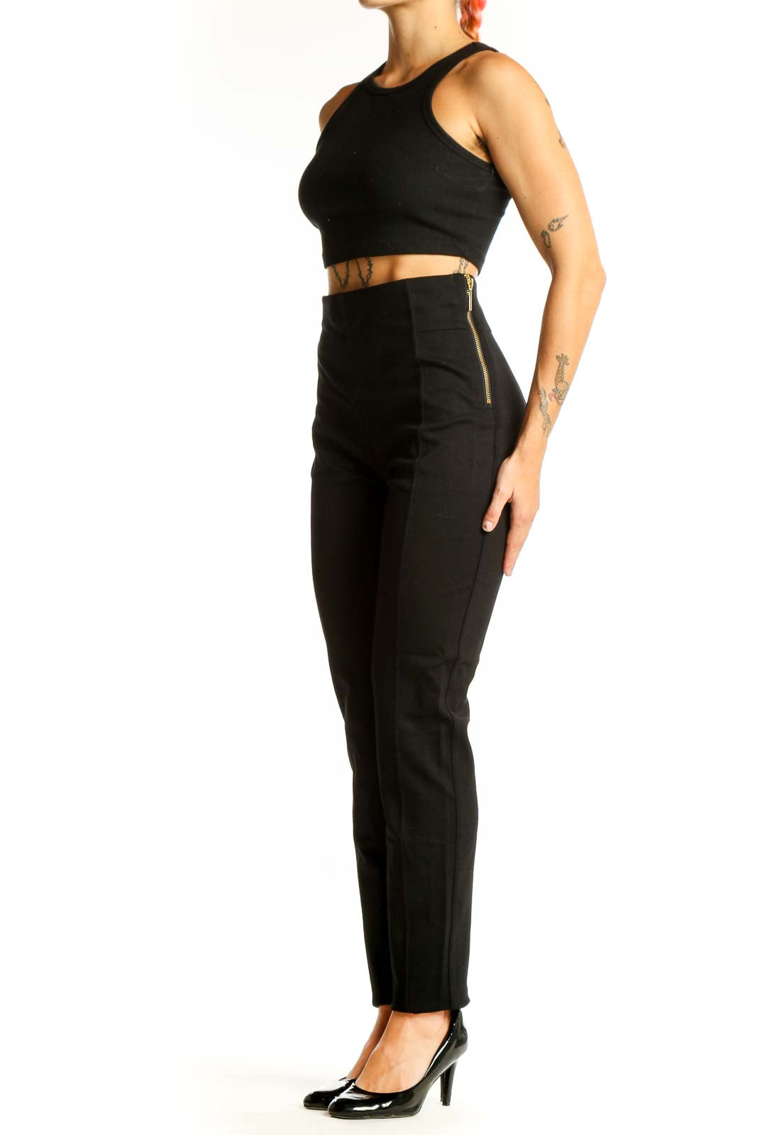 Front view of I.N.C black high-waisted slim fit pants