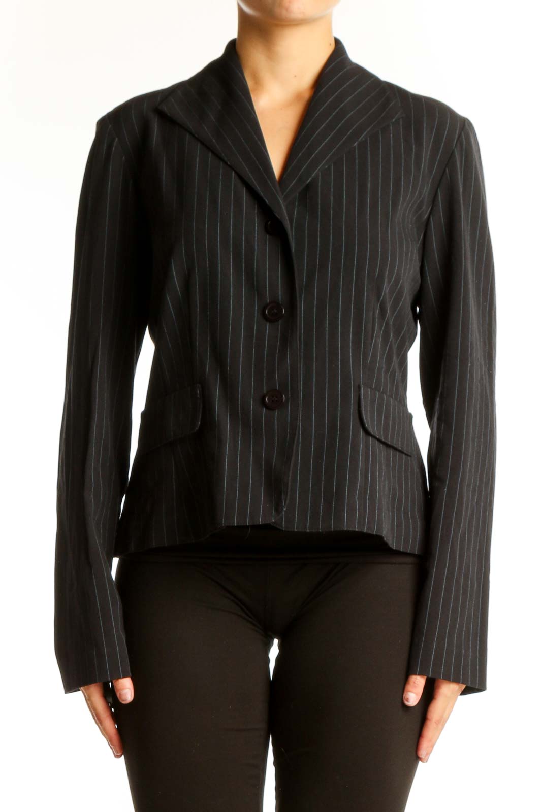 Front view of Danny & Nicole black pinstripe blazer with two-button closure