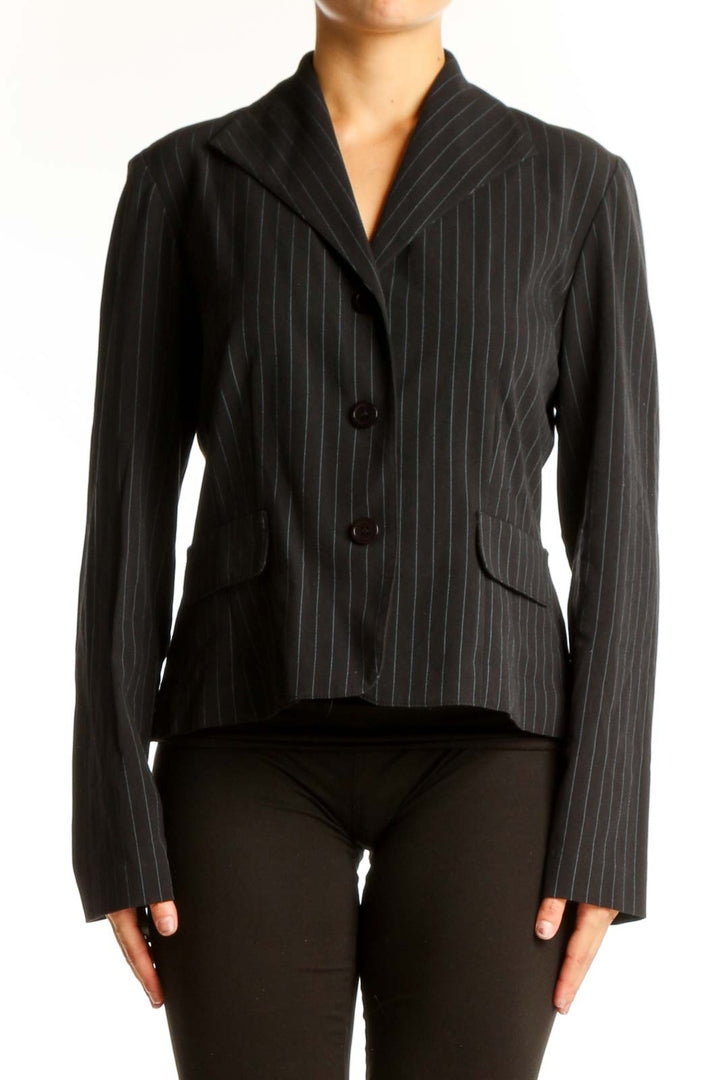 Front view of Danny & Nicole black pinstripe blazer with two-button closure