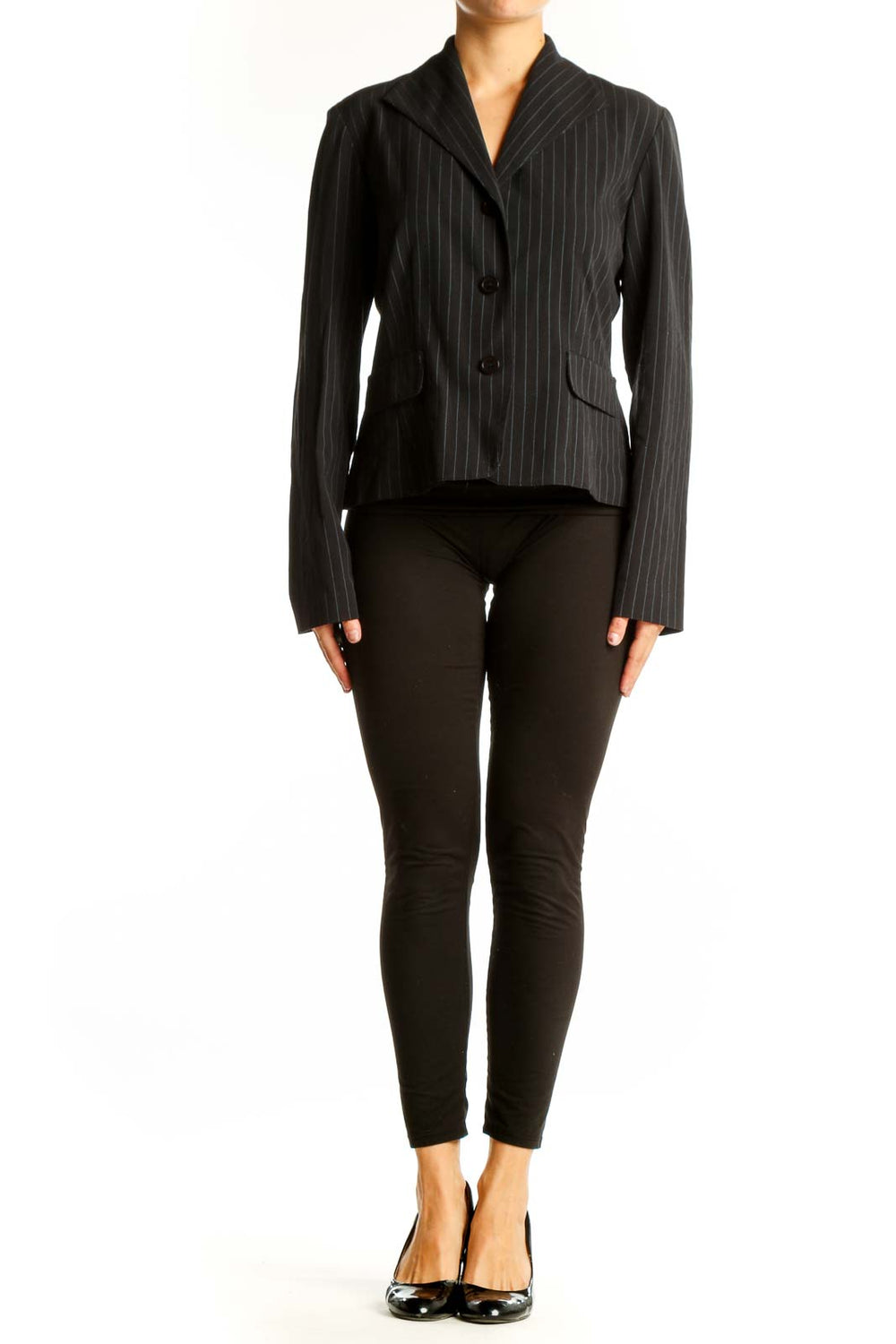 Front view of Danny & Nicole black pinstripe blazer with two-button closure