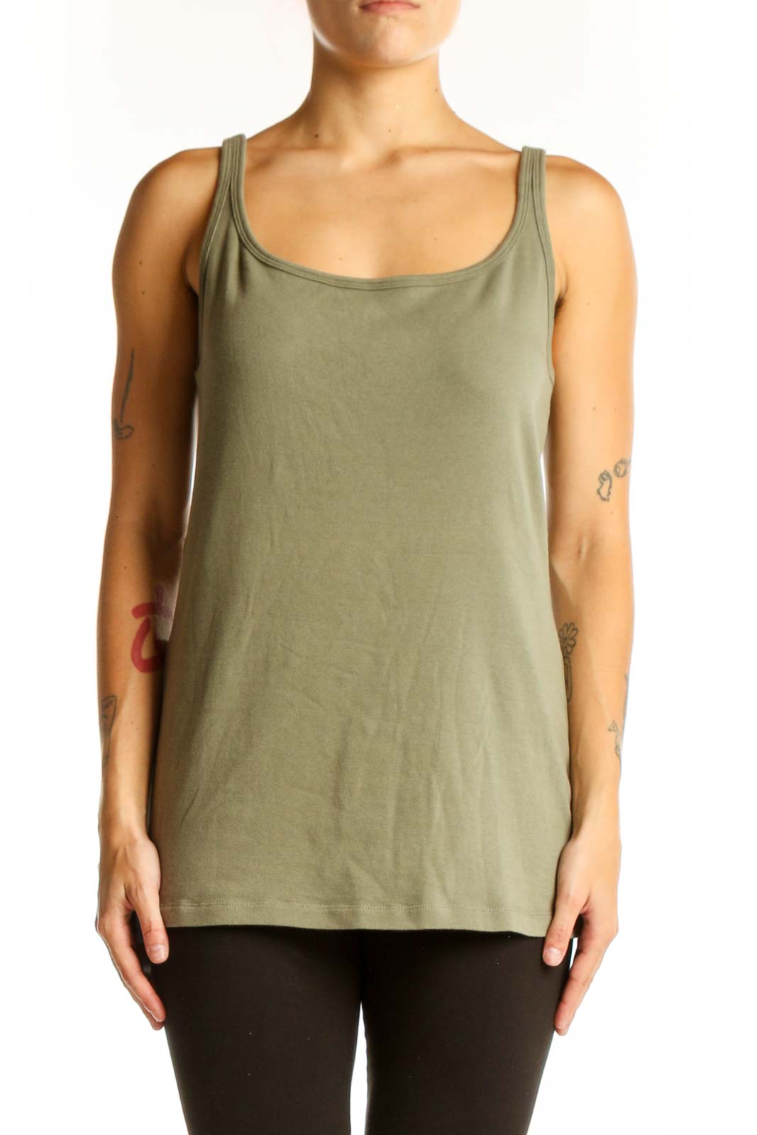 Front view of olive green Ruff Hewn tank top with scoop neckline