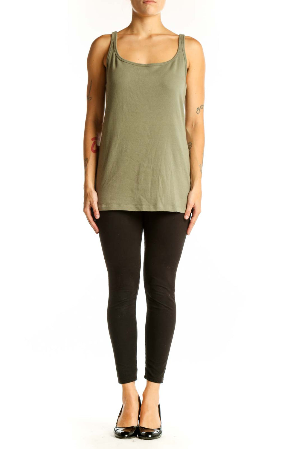 Front view of olive green Ruff Hewn tank top with scoop neckline