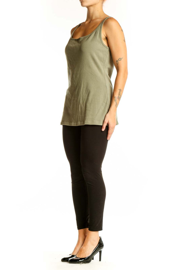 Front view of olive green Ruff Hewn tank top with scoop neckline