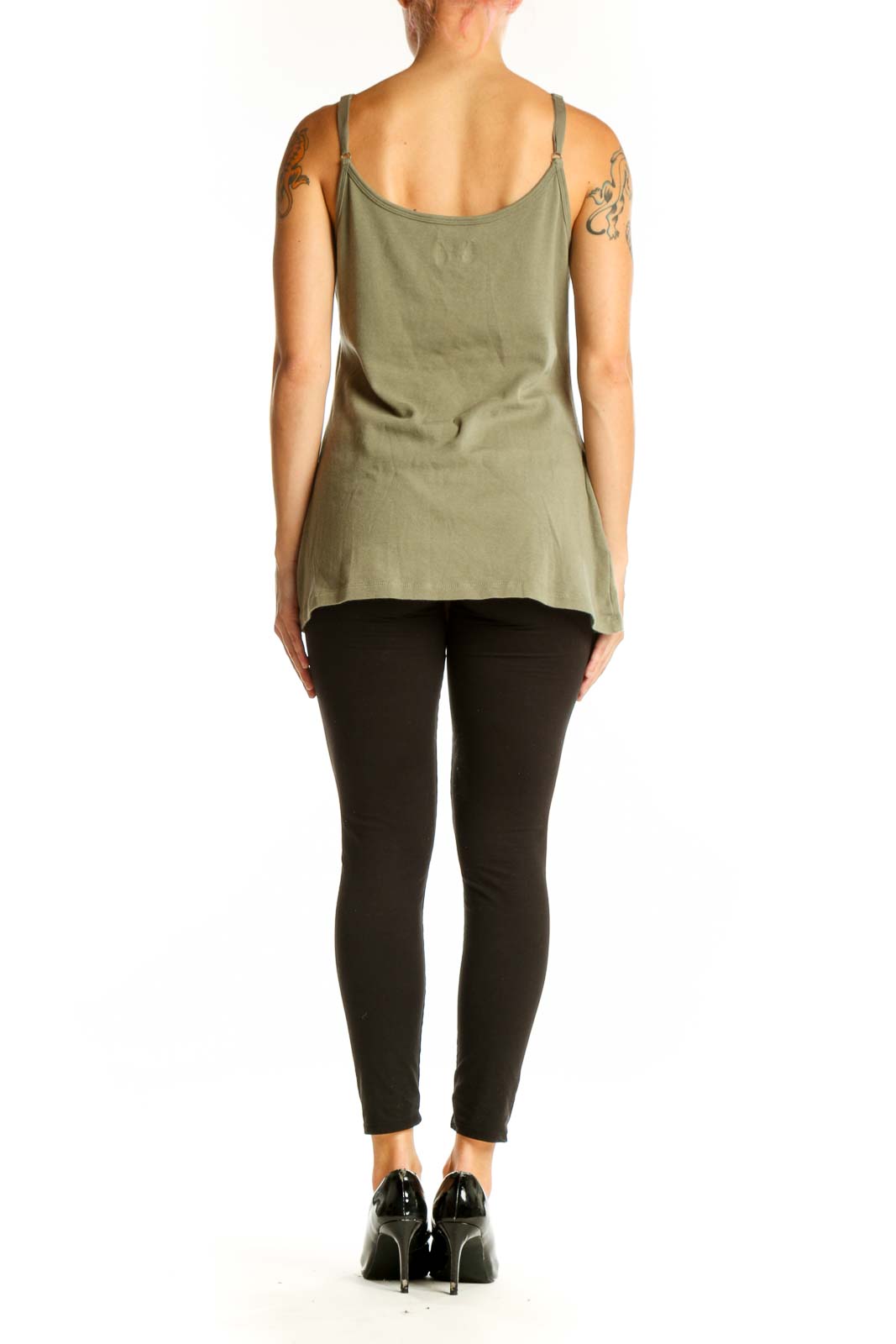 Side view of olive green Ruff Hewn tank top on model with black pants