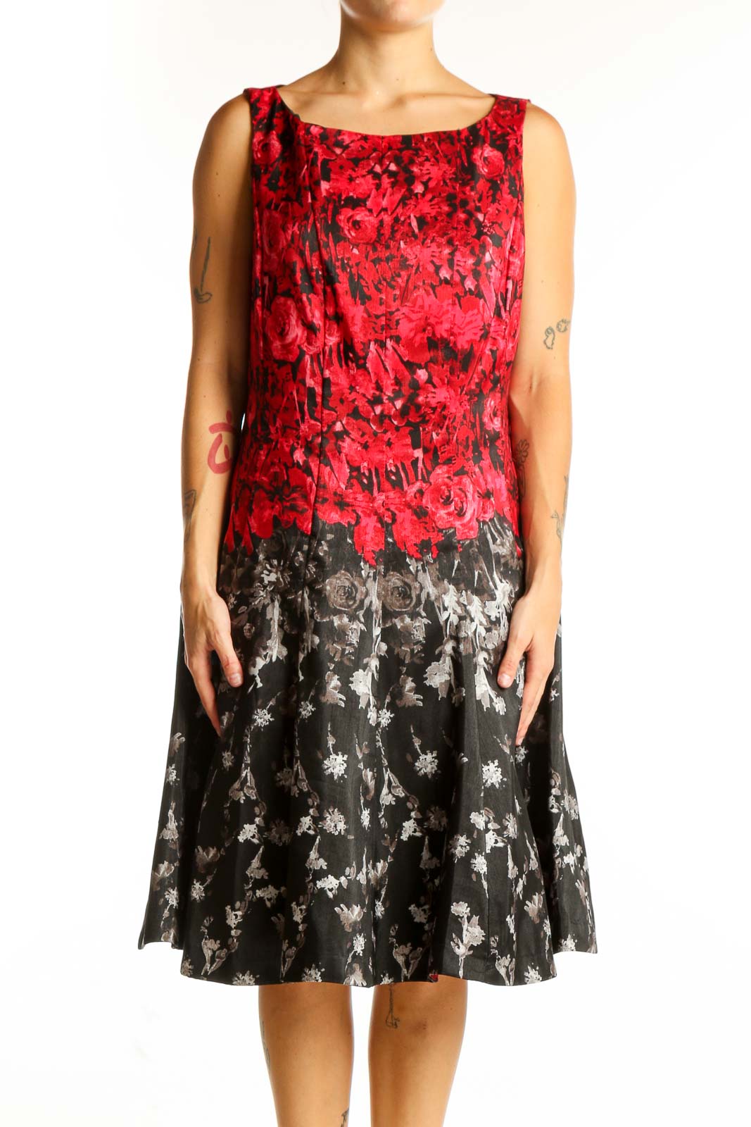 Front view of red and black floral sleeveless dress by Julian Taylor
