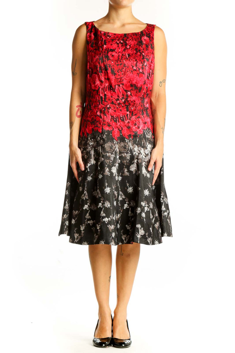 Front view of red and black floral sleeveless dress by Julian Taylor