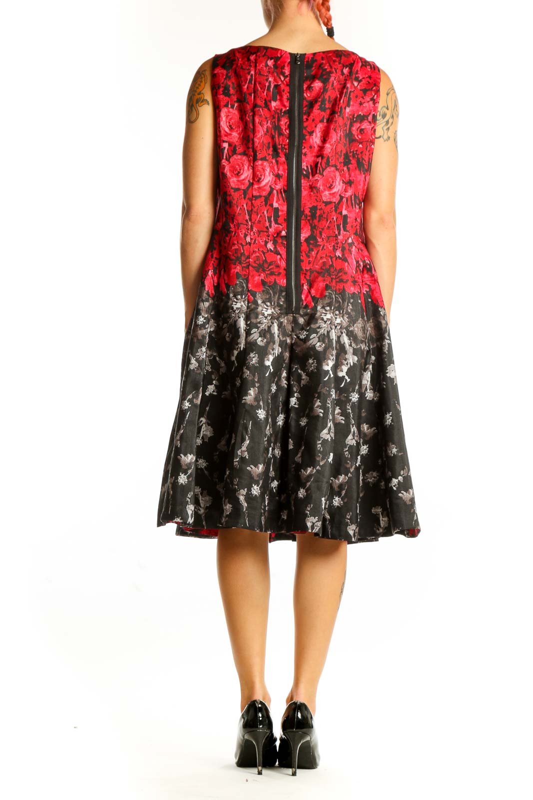 Side view of red and black floral sleeveless dress by Julian Taylor