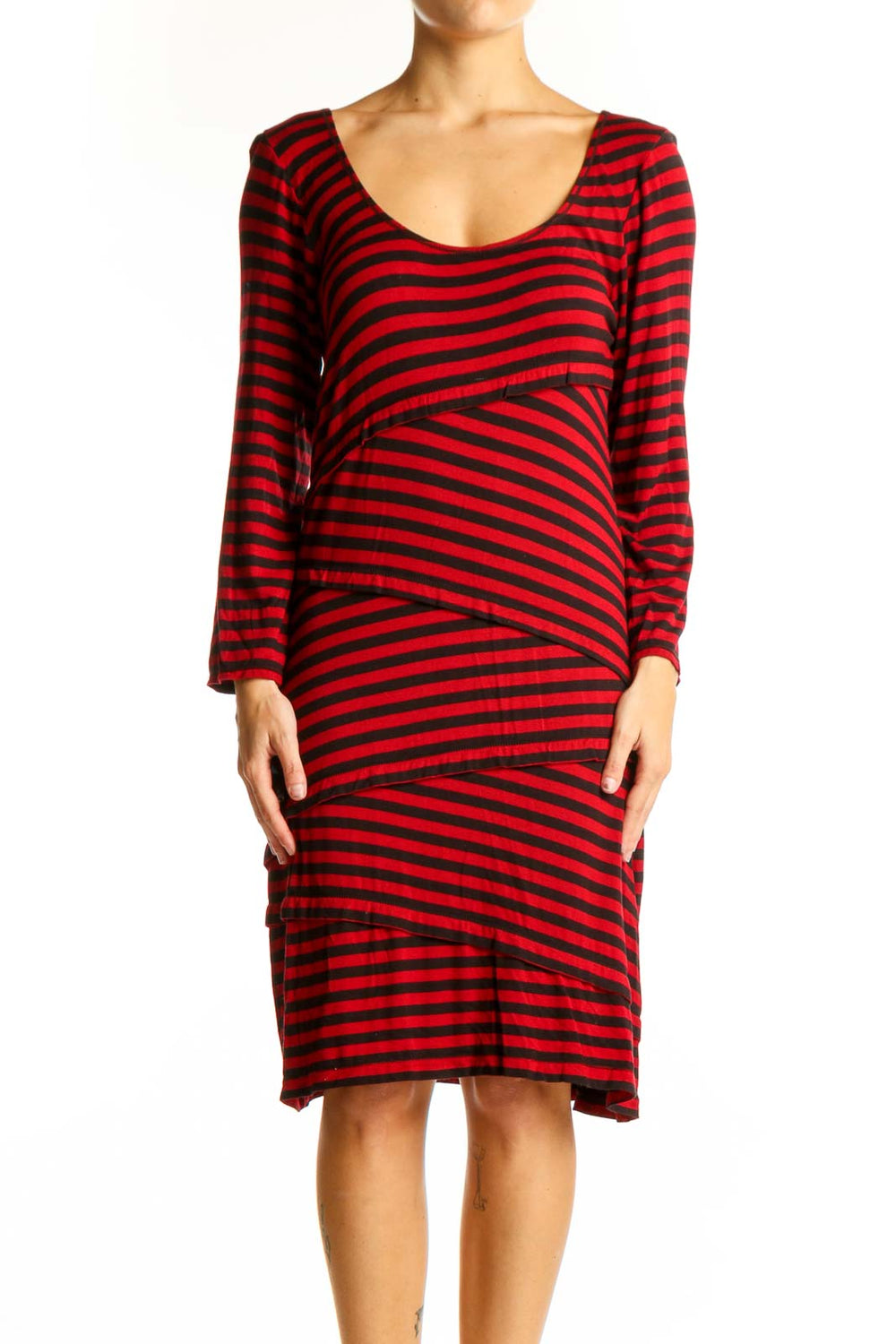Front view of red and black striped long sleeve dress by Max Studio