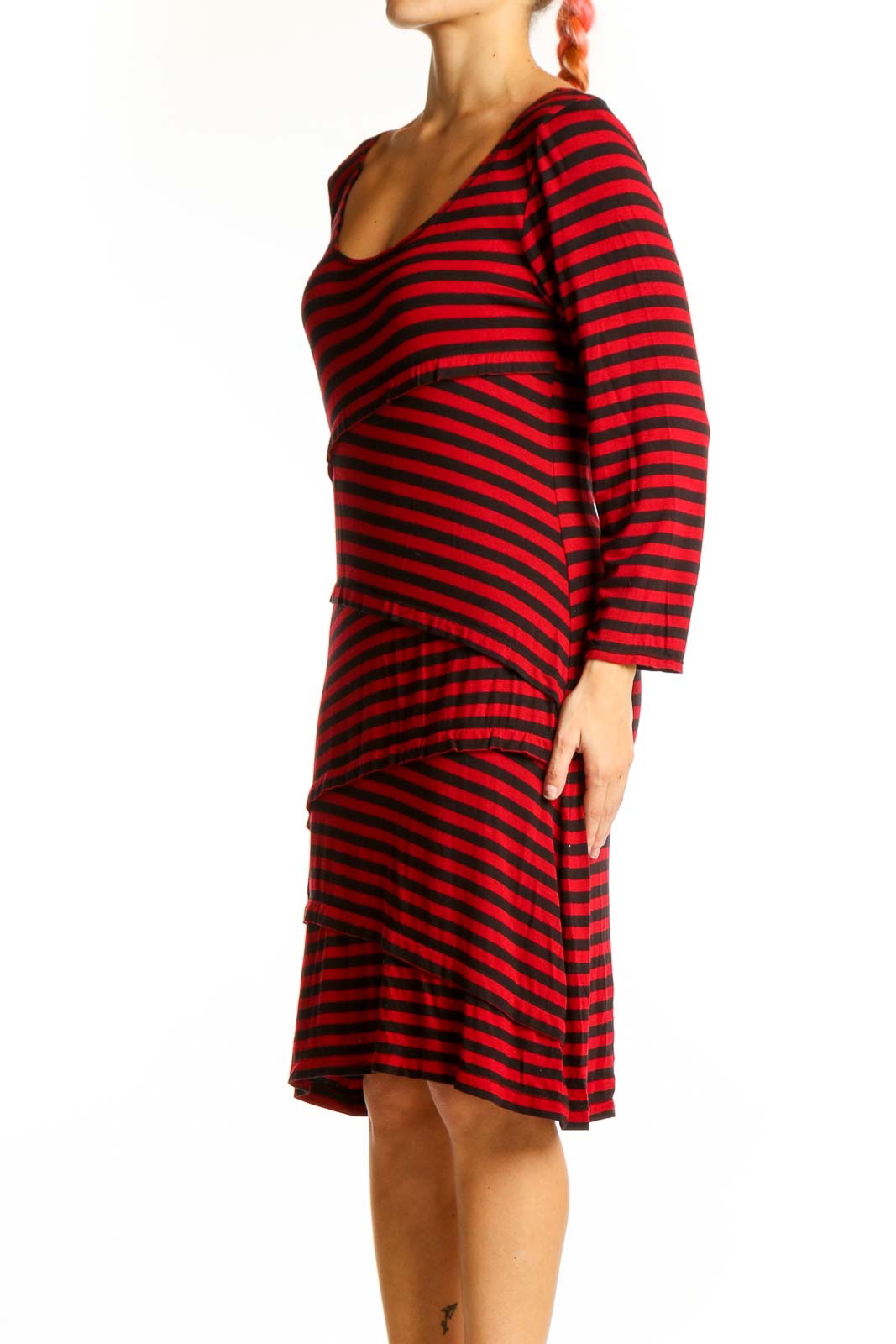 Front view of red and black striped long sleeve dress by Max Studio