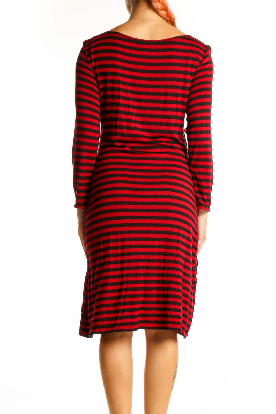 Side view of red and black striped long sleeve dress by Max Studio
