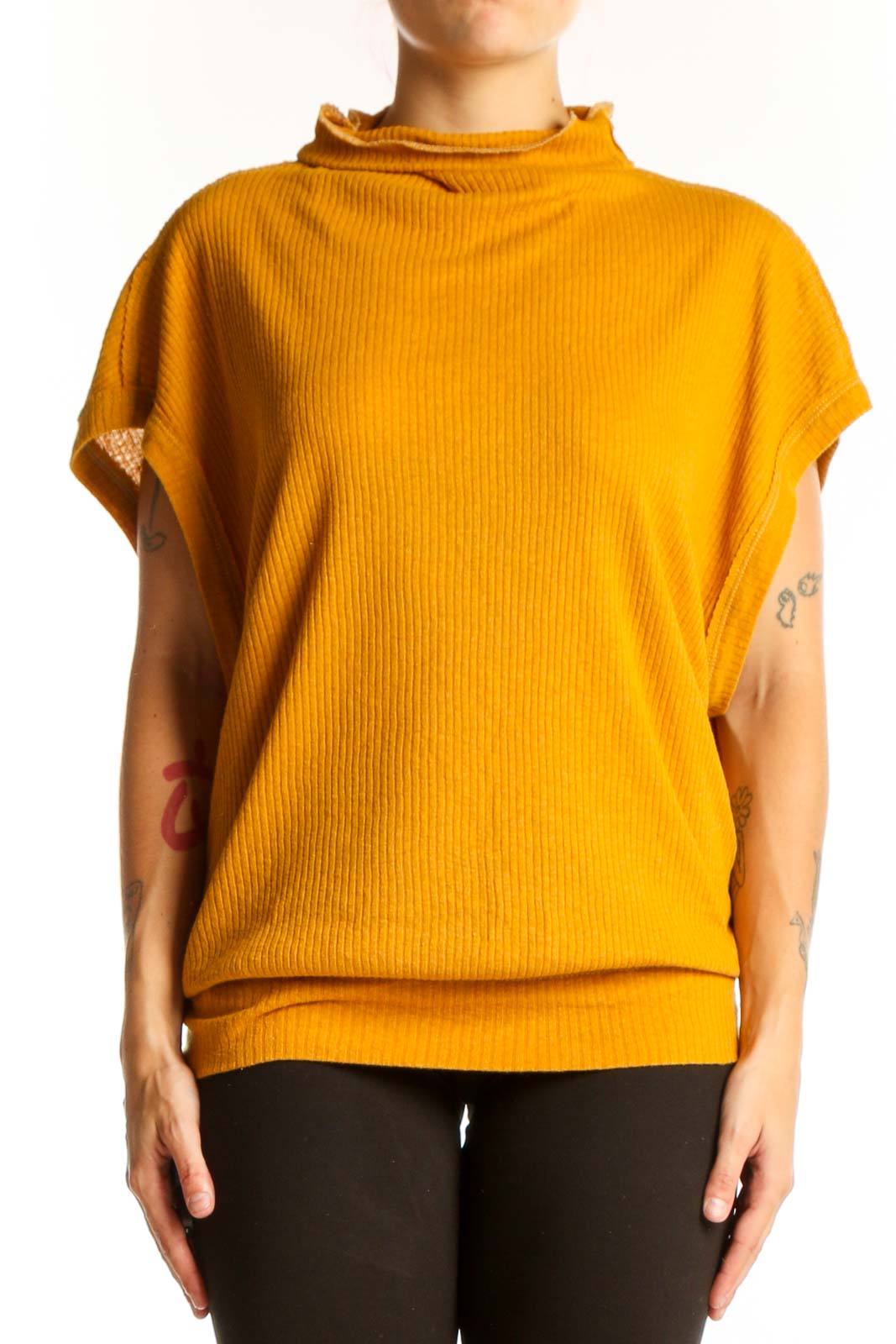 Front view of WE THE FREE mustard ribbed mock neck top