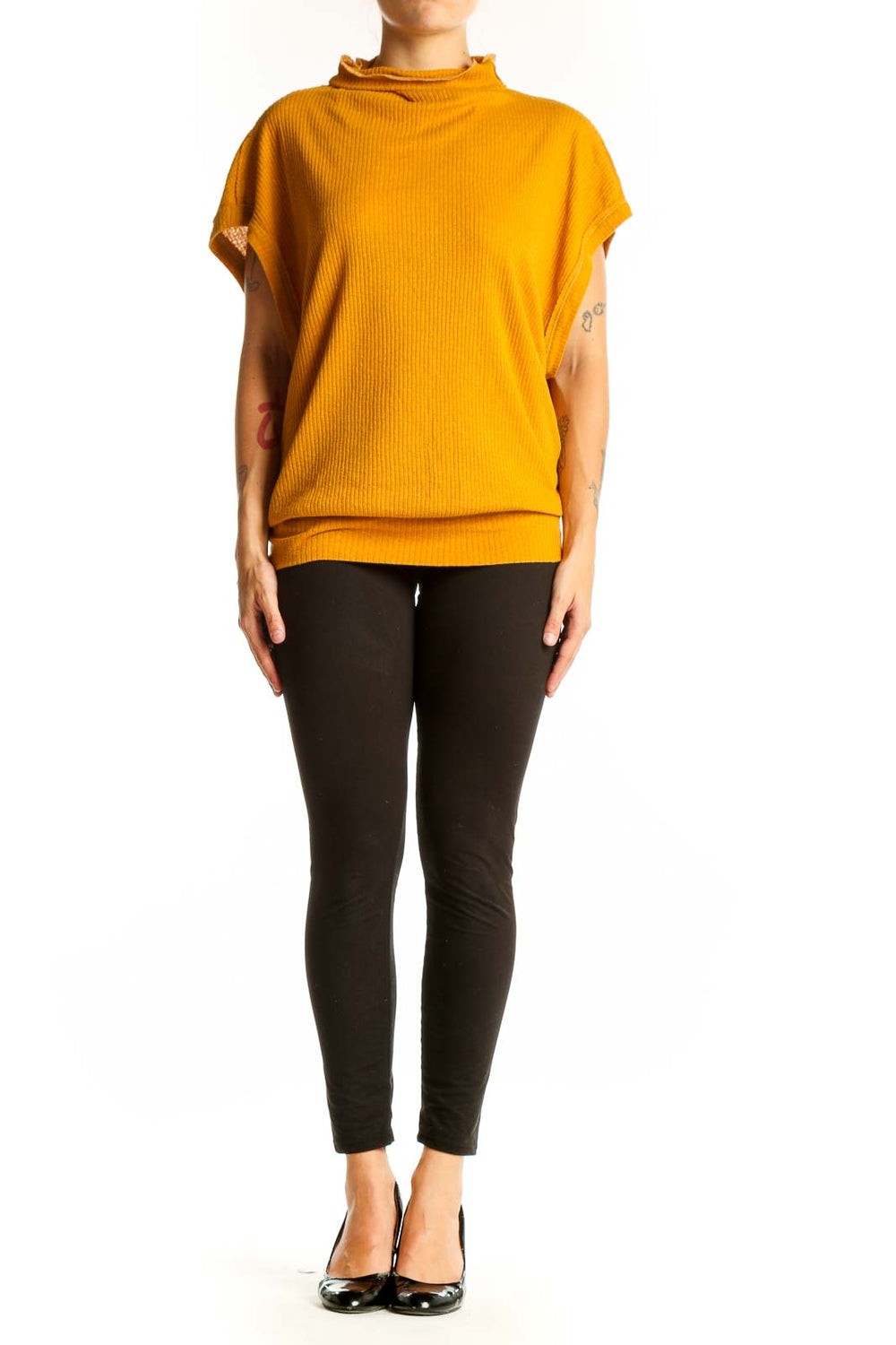 Front view of WE THE FREE mustard ribbed mock neck top
