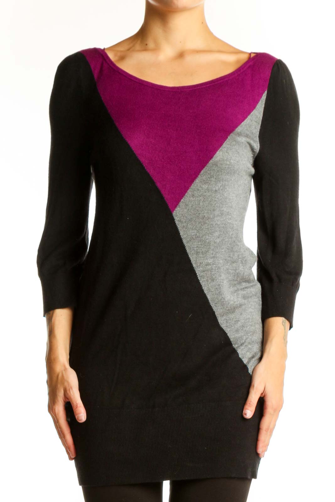 Front view of White House Black Market color block knit tunic in black, purple, and gray