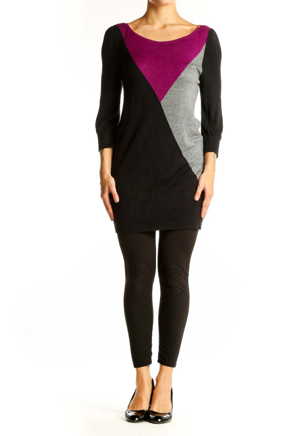 Front view of White House Black Market color block knit tunic in black, purple, and gray
