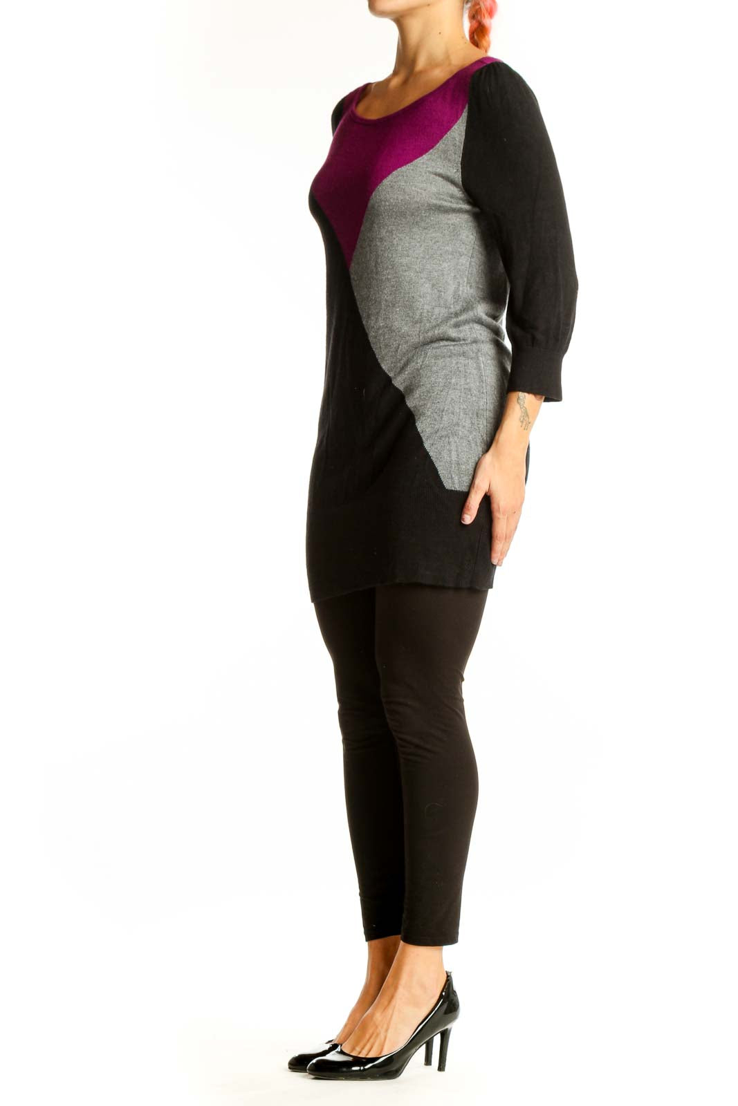 Front view of White House Black Market color block knit tunic in black, purple, and gray