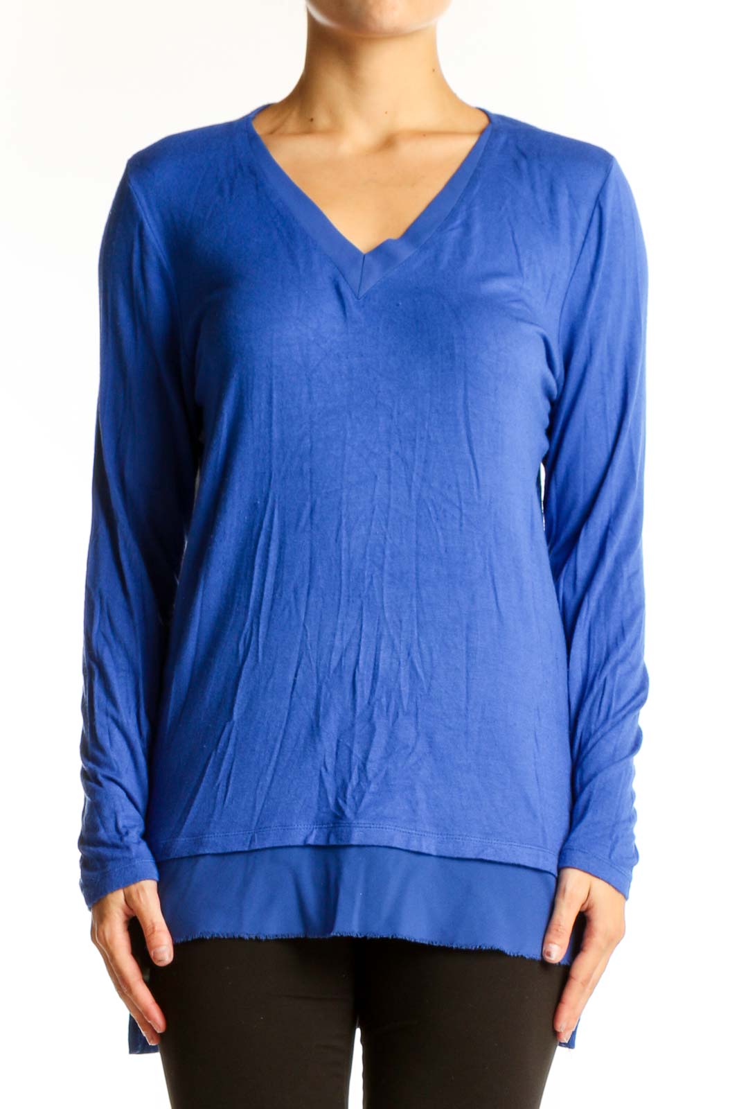 Front view of blue V-neck long sleeve layered top by Tribal