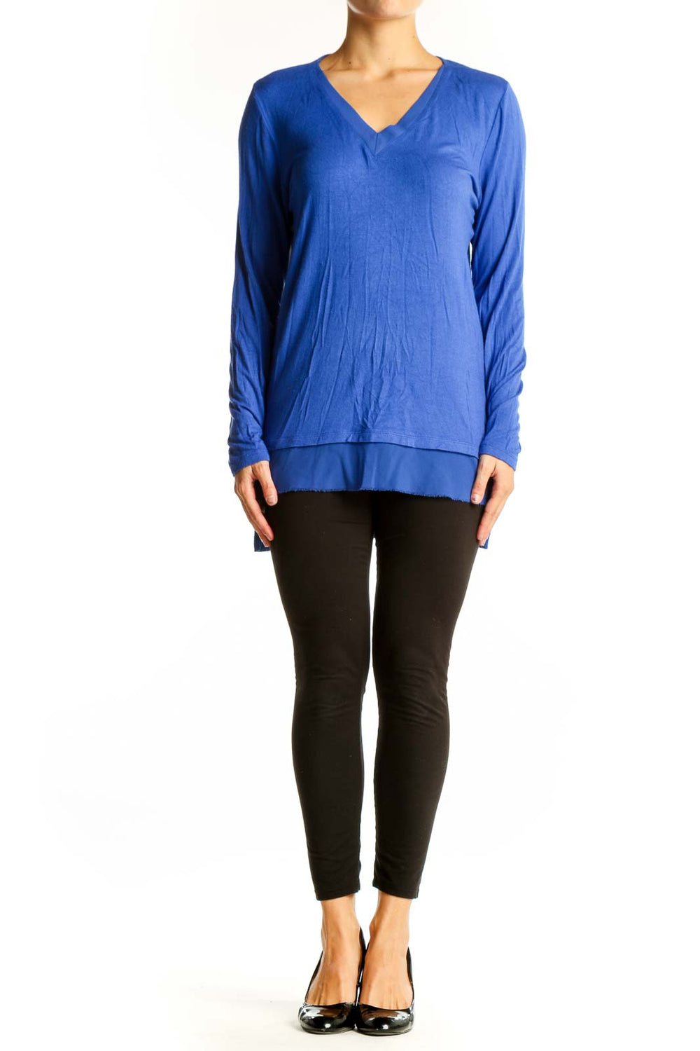 Front view of blue V-neck long sleeve layered top by Tribal