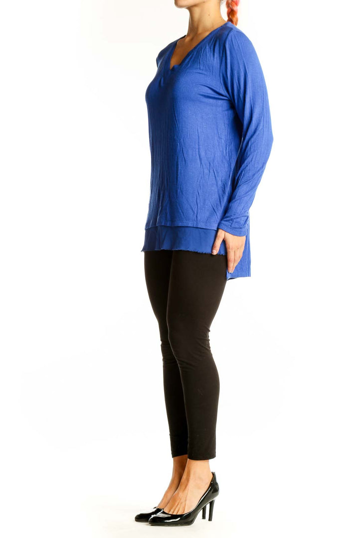 Front view of blue V-neck long sleeve layered top by Tribal
