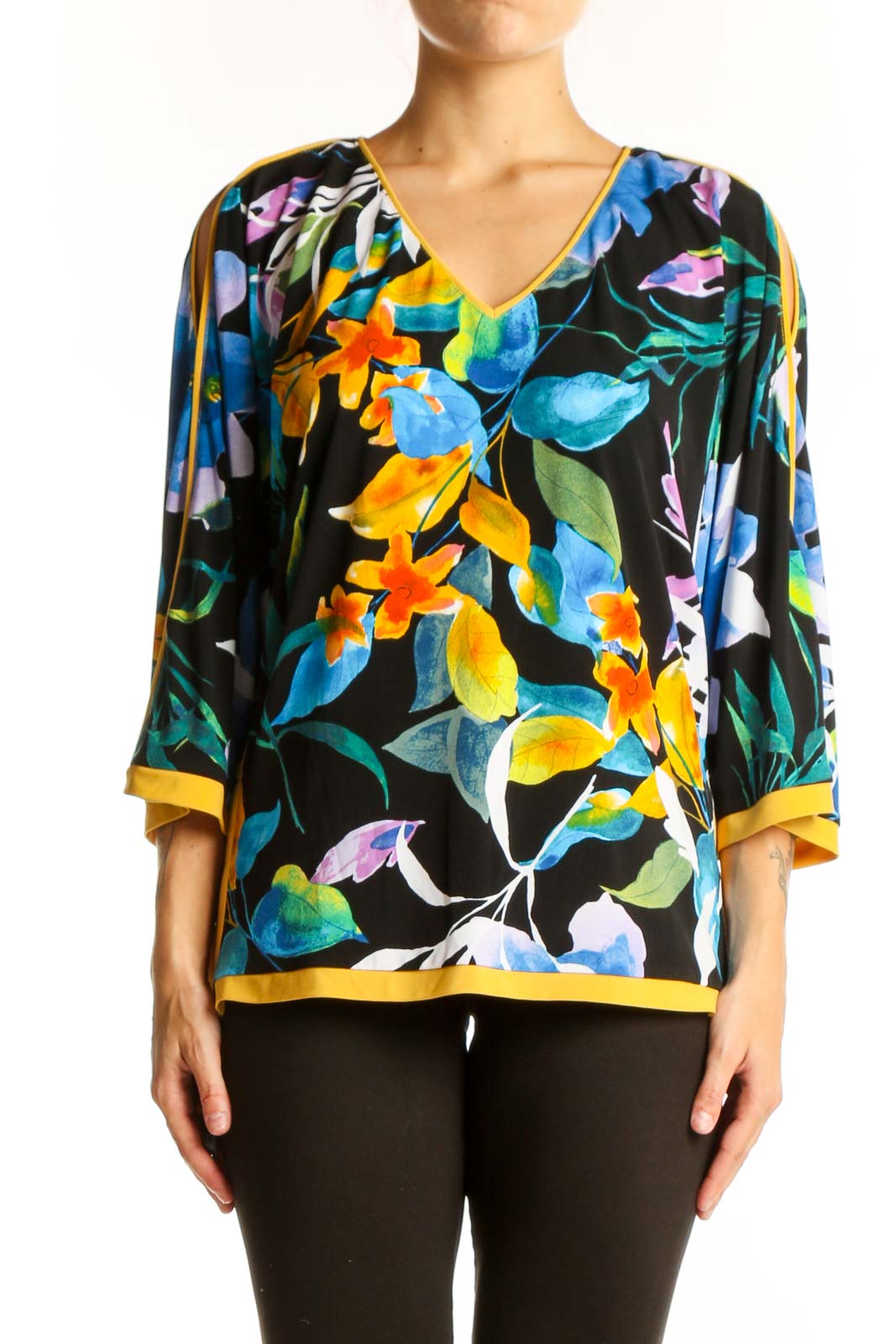 Front view of FRANK LYMAN multicolor floral V-neck blouse with 3/4 sleeves