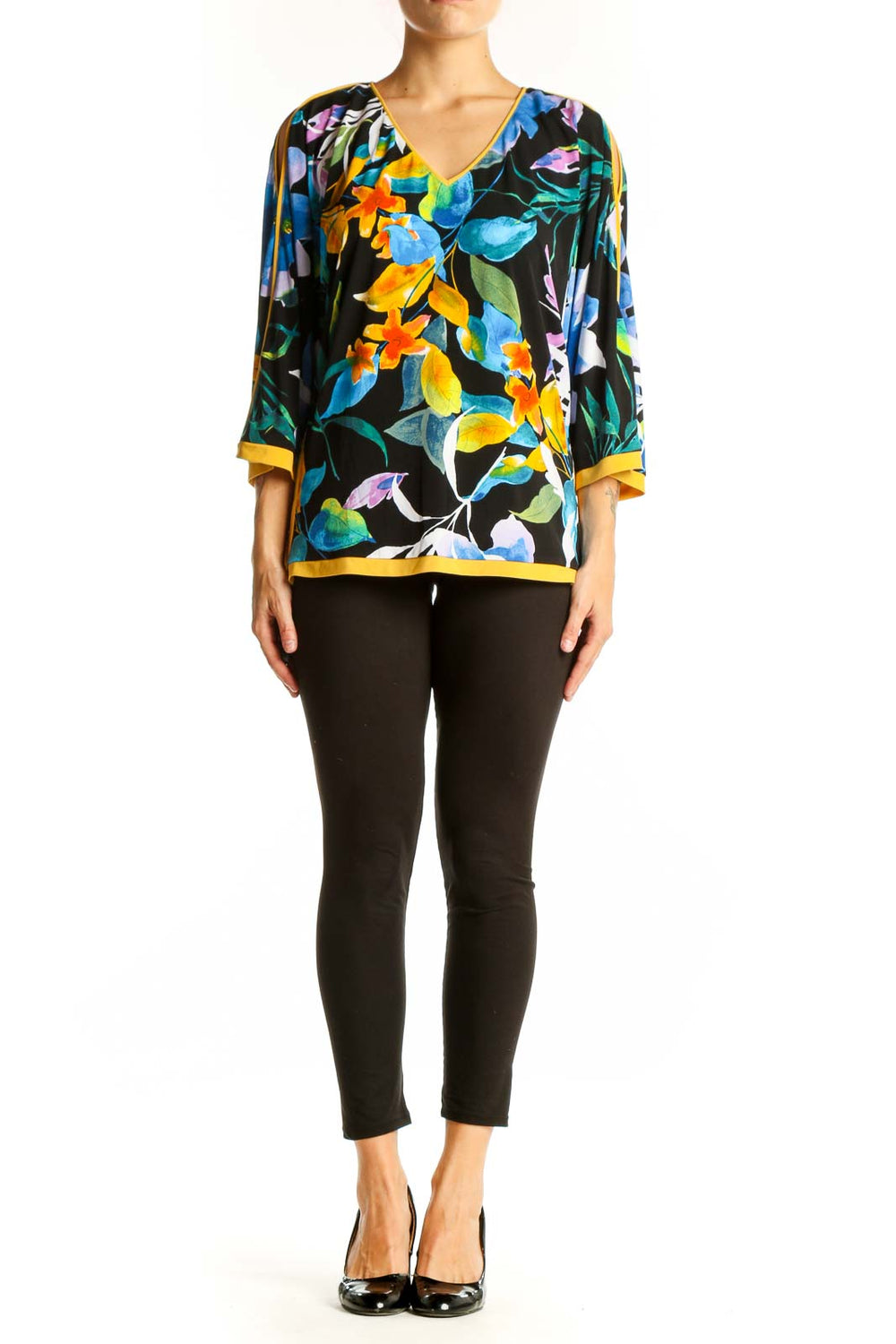 Front view of FRANK LYMAN multicolor floral V-neck blouse with 3/4 sleeves