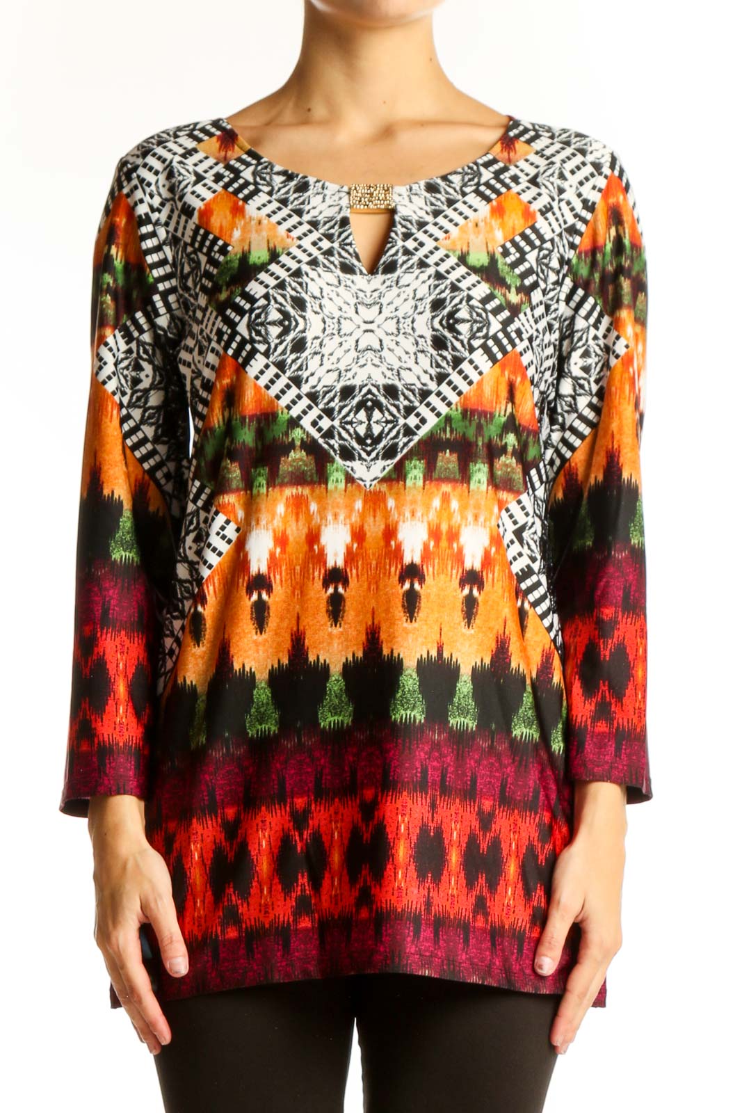 Front view of Melissa Paige multicolor geometric print tunic top with keyhole neckline