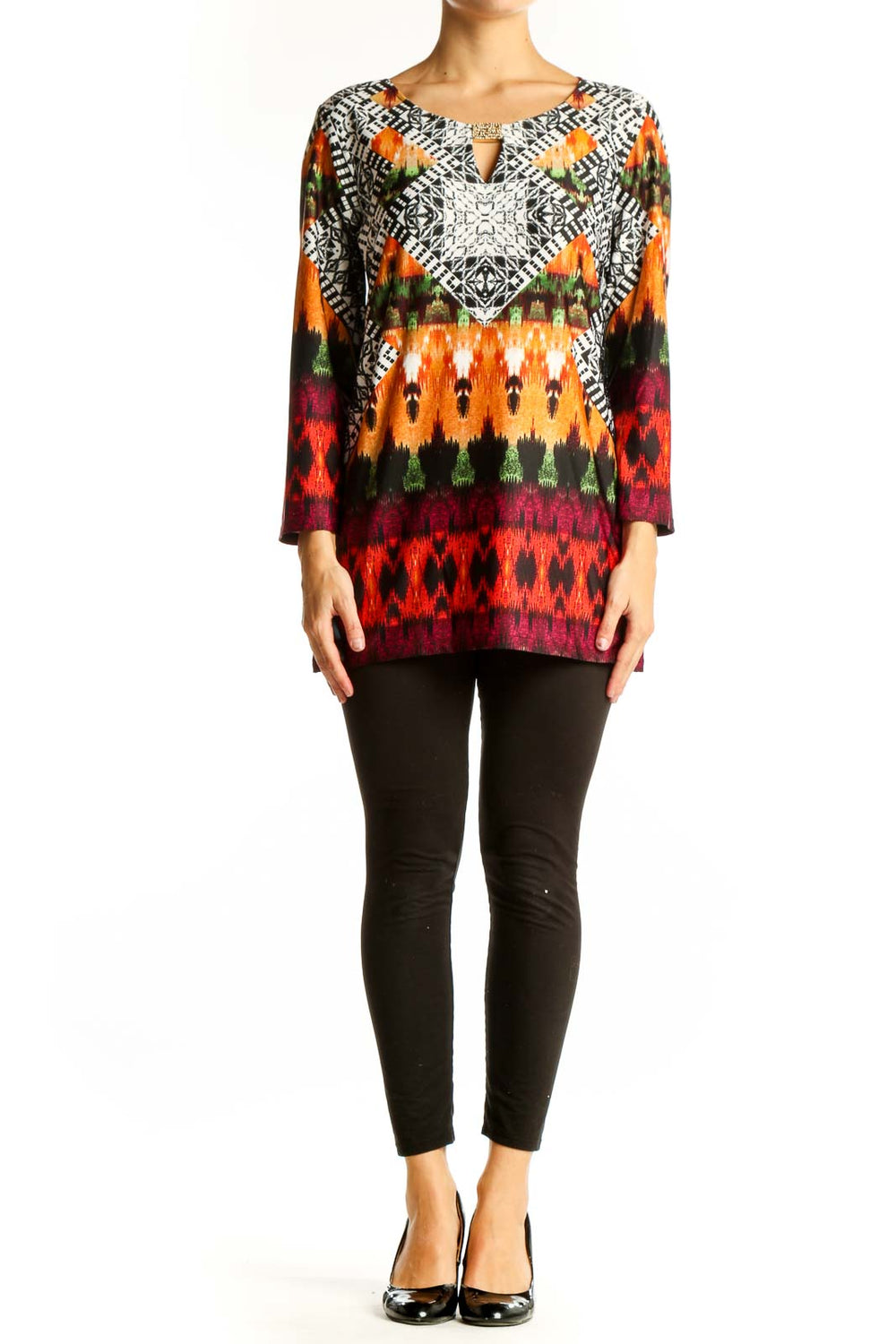 Front view of Melissa Paige multicolor geometric print tunic top with keyhole neckline