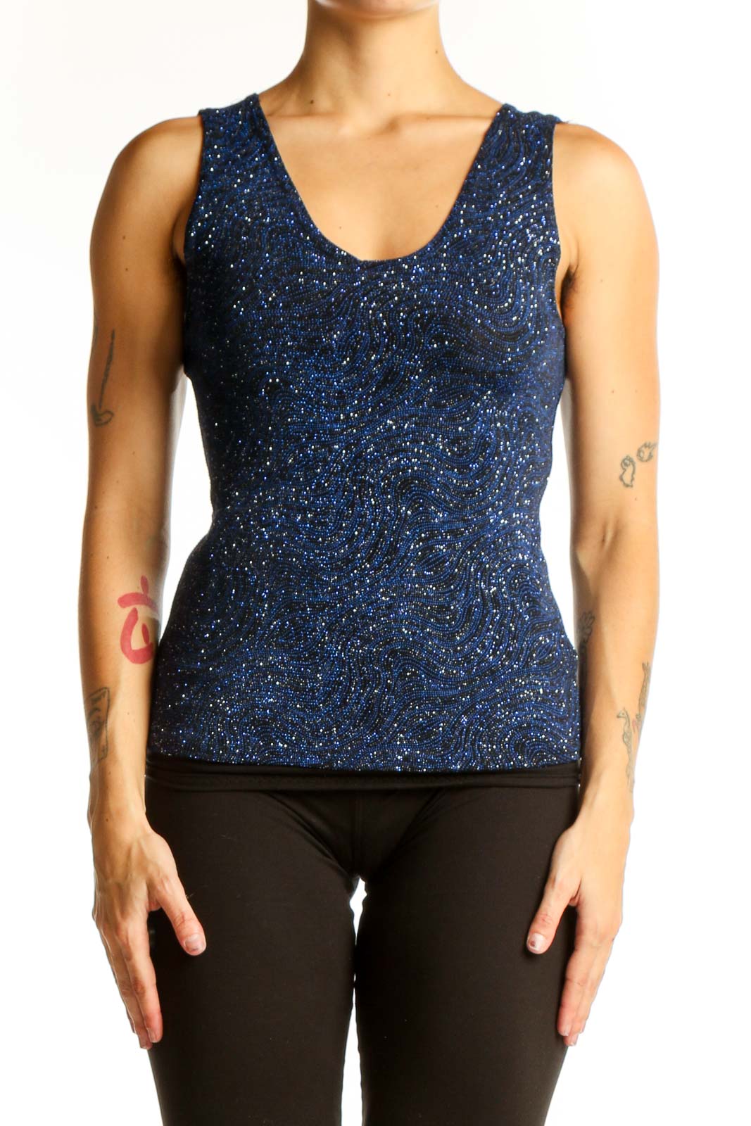 Front view of navy sparkly sleeveless tank top by JUMP Apparel