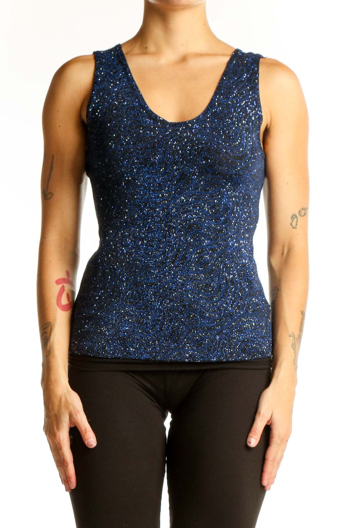 Front view of navy sparkly sleeveless tank top by JUMP Apparel