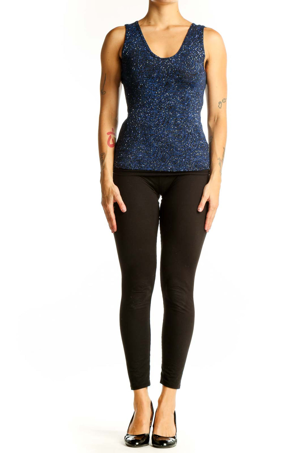 Front view of navy sparkly sleeveless tank top by JUMP Apparel