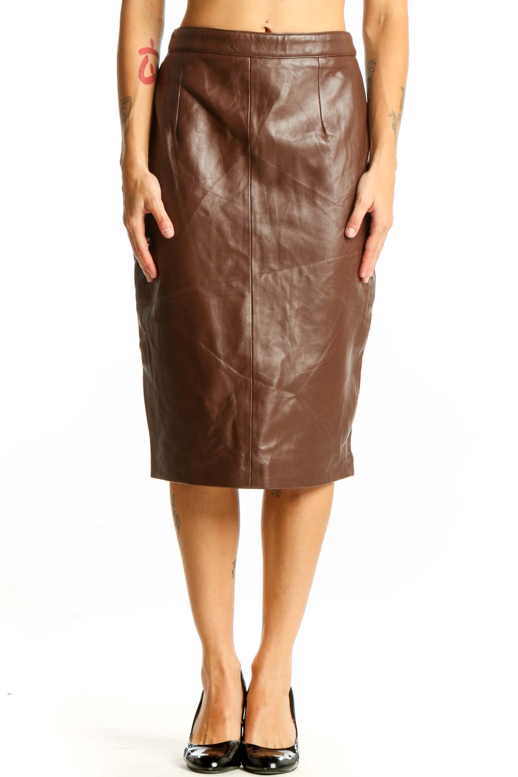 Front view of brown leather pencil skirt by SilkRoll