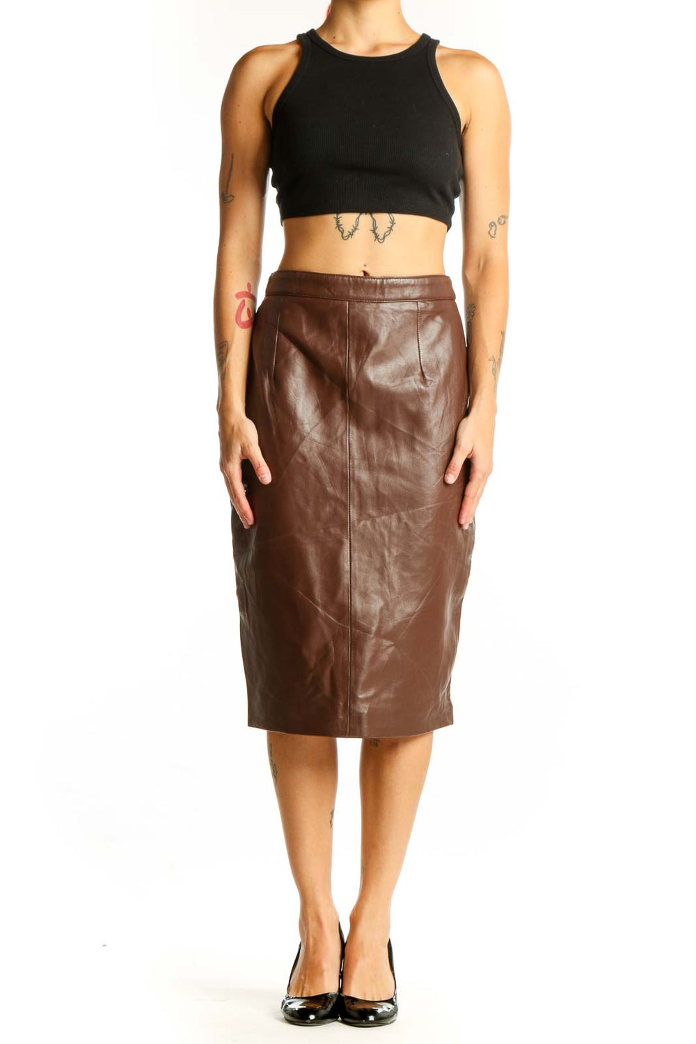 Front view of brown leather pencil skirt by SilkRoll