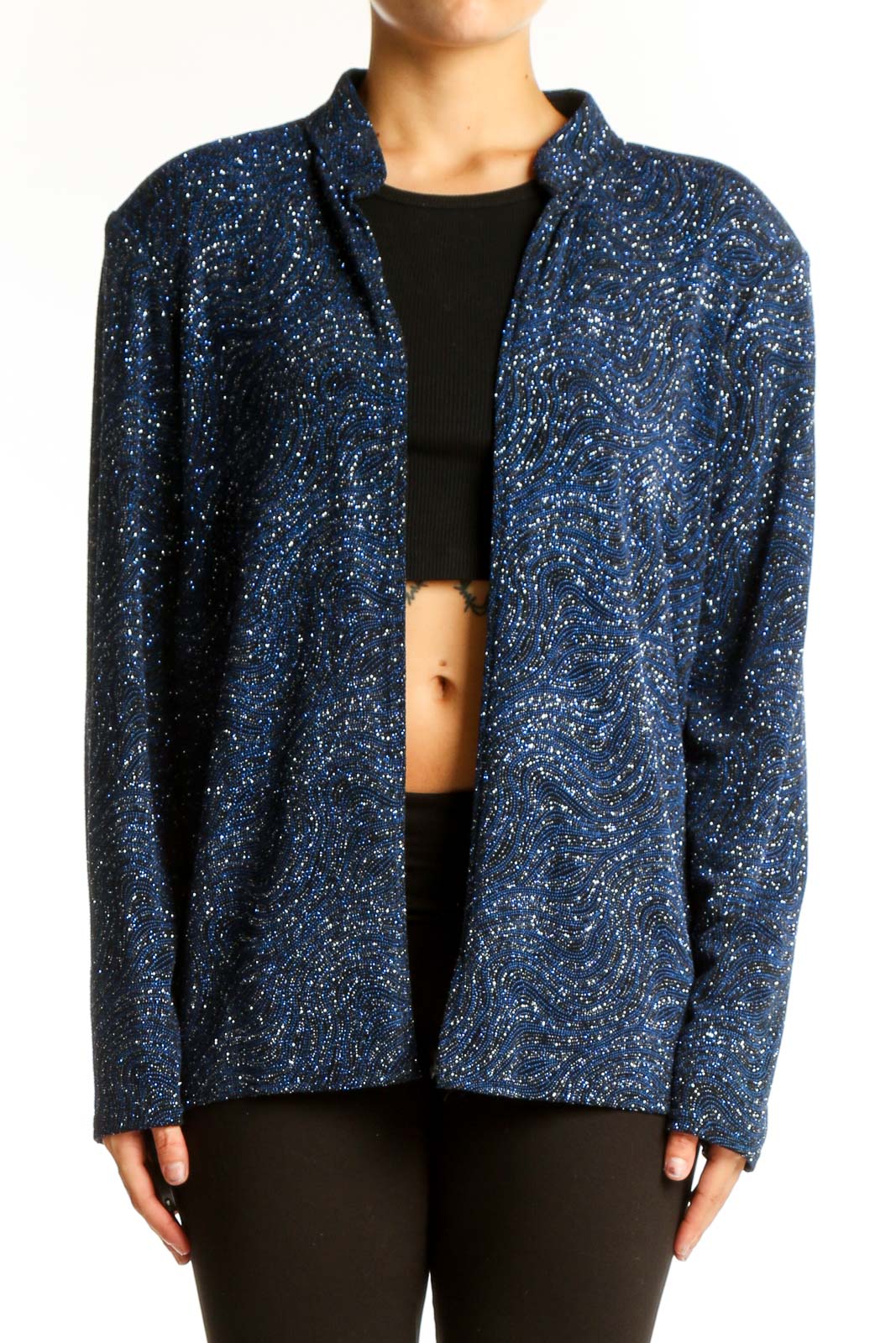 Front view of blue metallic sparkle open front jacket by JUMP Apparel