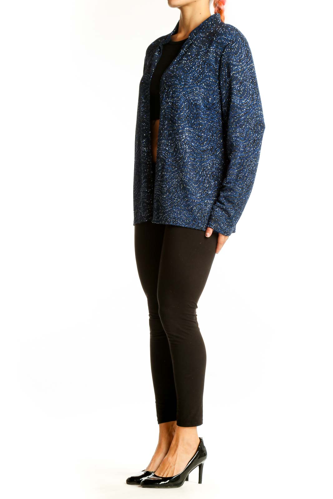 Front view of blue metallic sparkle open front jacket by JUMP Apparel
