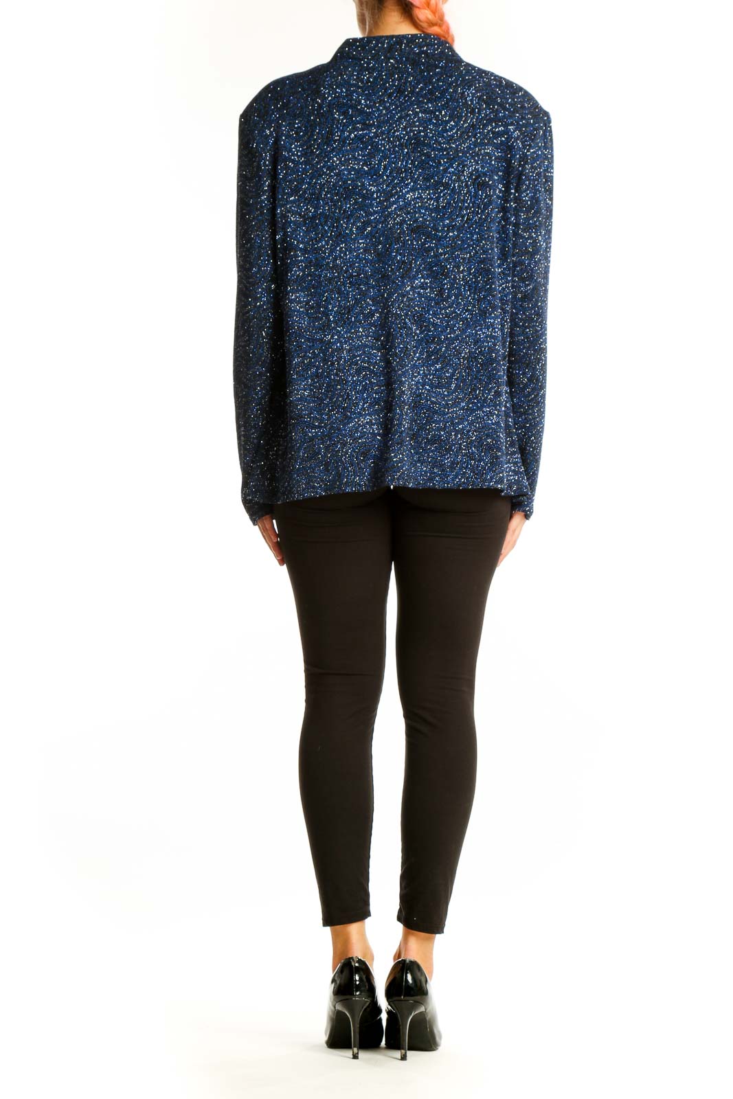 Side view of blue metallic sparkle open front jacket on model